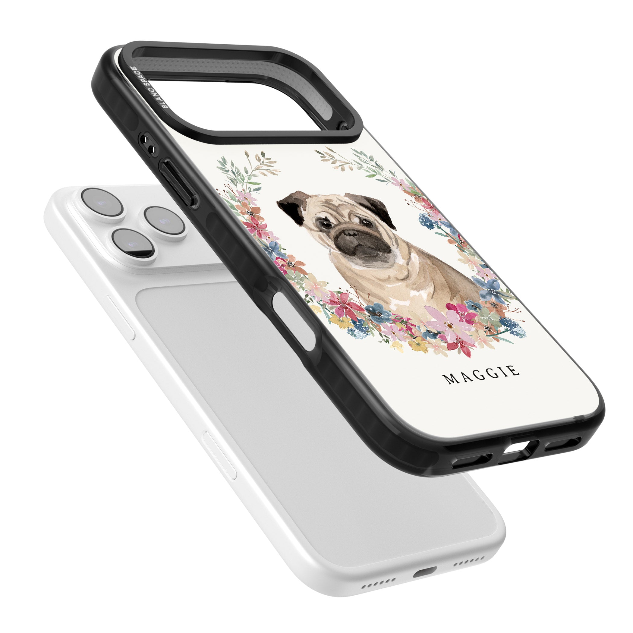 Personalised Pug Floral Portrait iPhone 17 Pro Impact Pro Black Phone Case Colours