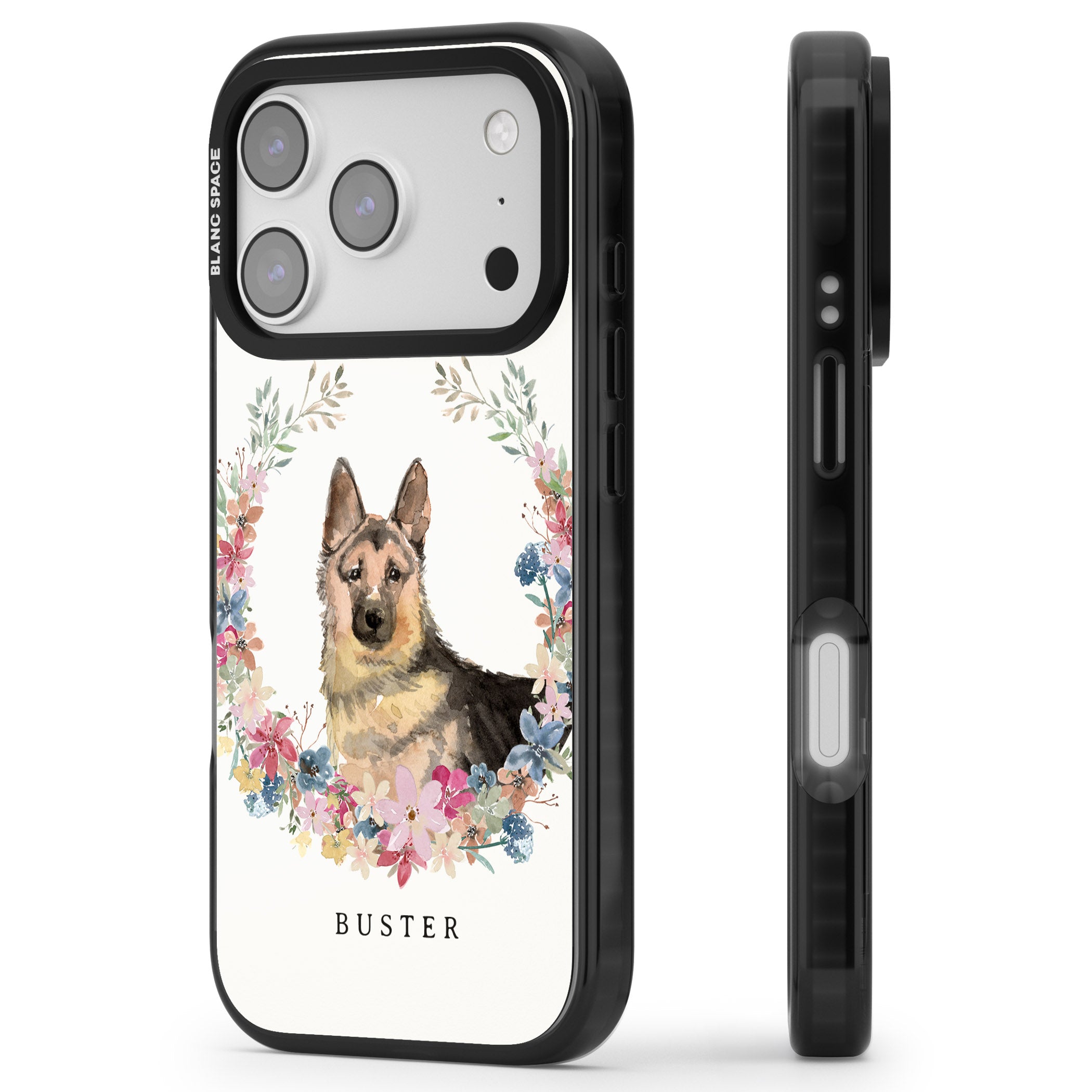 Personalised German Shepherd Floral Portrait iPhone 17 Pro Impact Pro Black Phone Case Side Profile