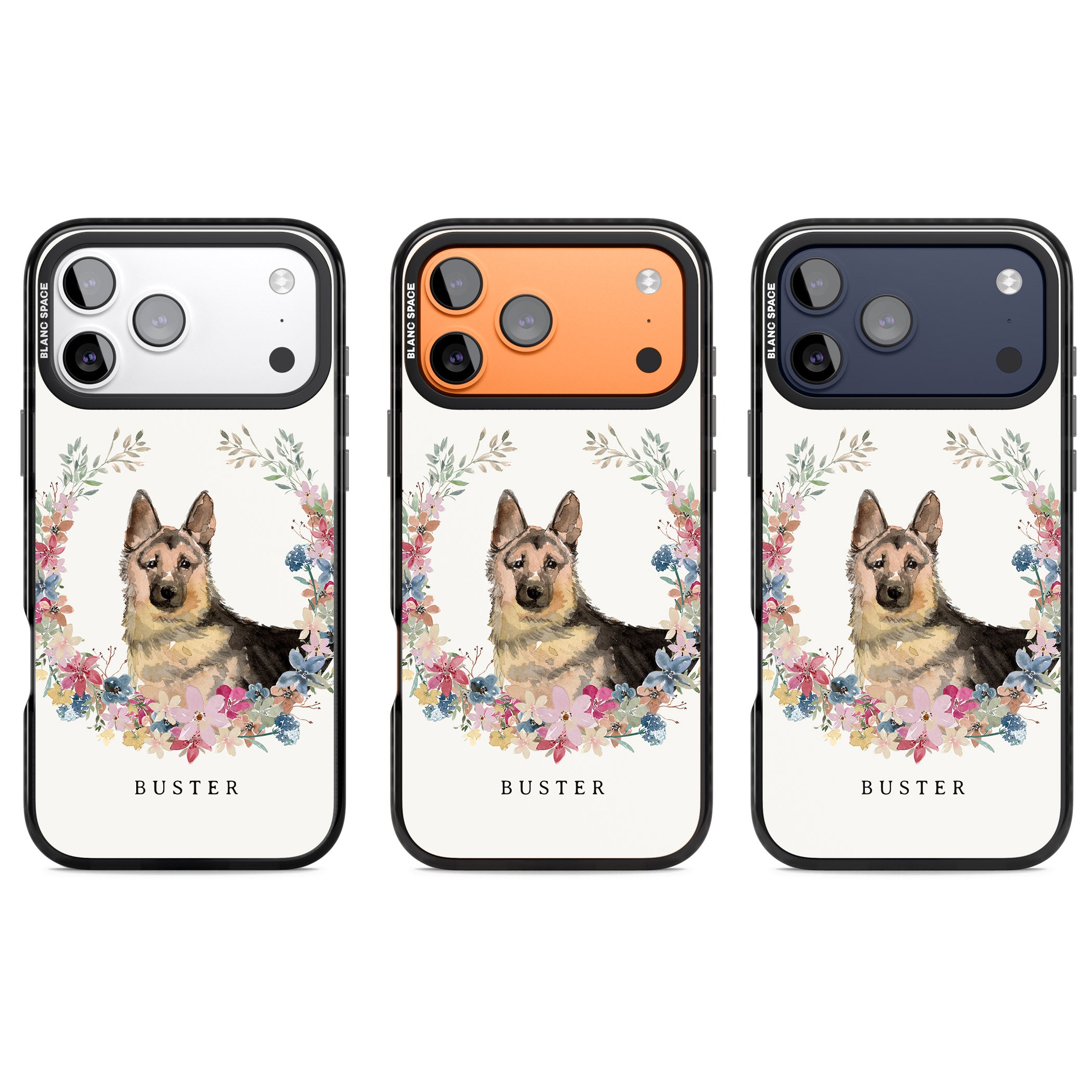 Personalised German Shepherd Floral Portrait iPhone 17 Pro Impact Pro Black Phone Case APT Impact Protection