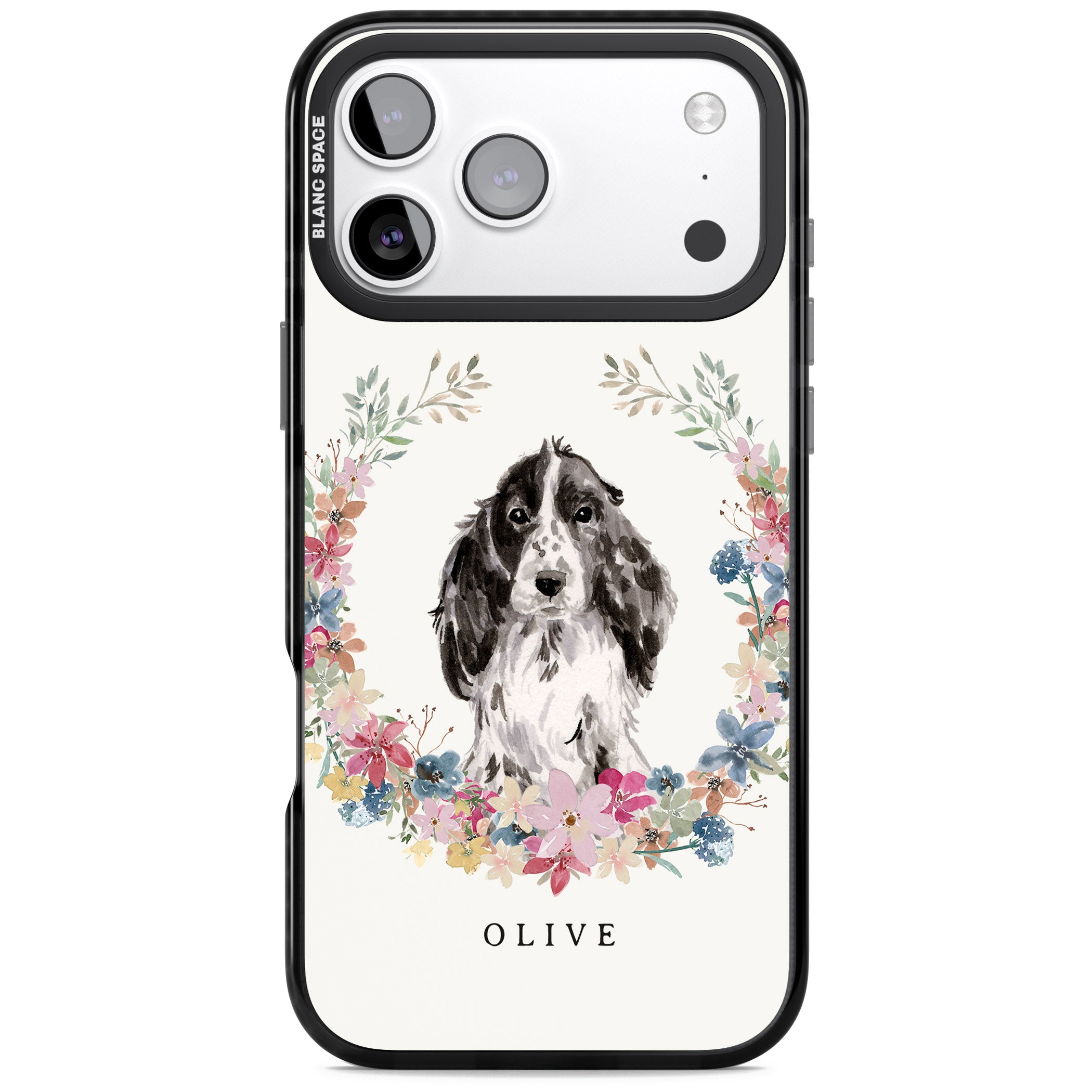 Personalised Black Cocker Spaniel Floral Portrait iPhone 17 Pro Impact Pro Black Phone Case