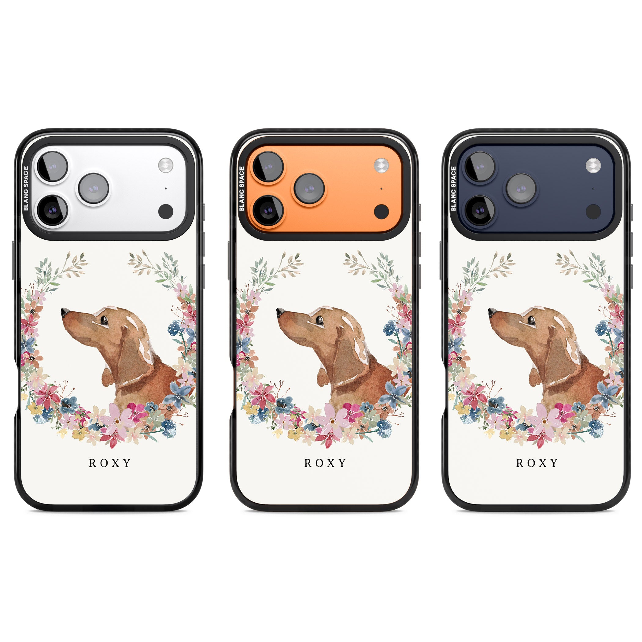 Personalised Tan Dachshund Floral Portrait iPhone 17 Pro Impact Pro Black Phone Case APT Impact Protection
