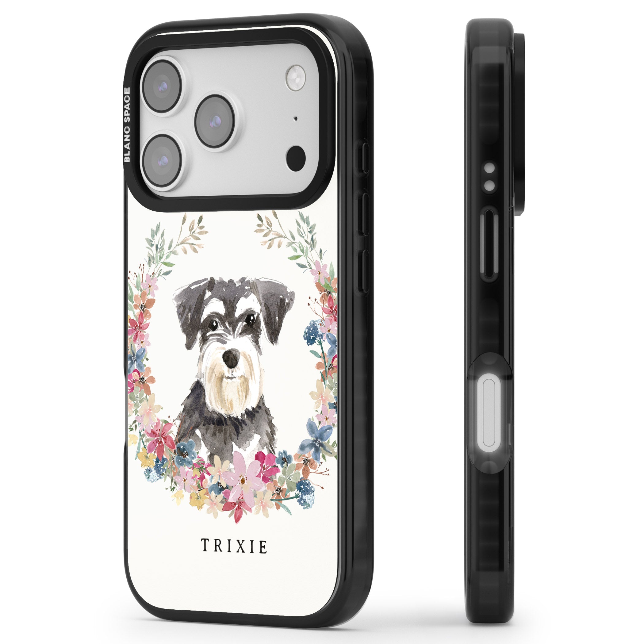 Personalised Watercolor Schnauzer Floral Portrait iPhone 17 Pro Impact Pro Black Phone Case Side Profile