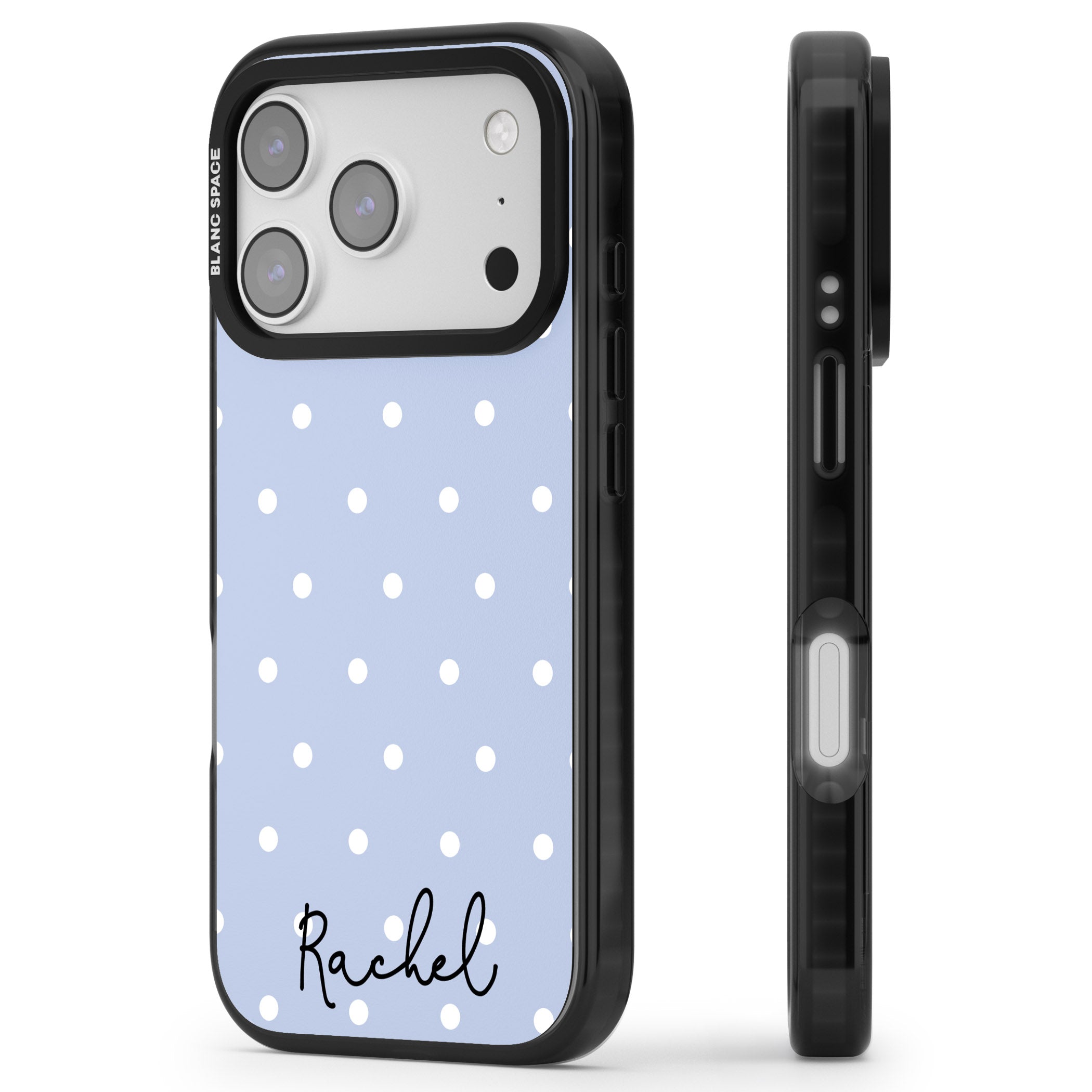 Personalised Simple Light Blue Dots iPhone 17 Pro Impact Pro Black Phone Case Side Profile