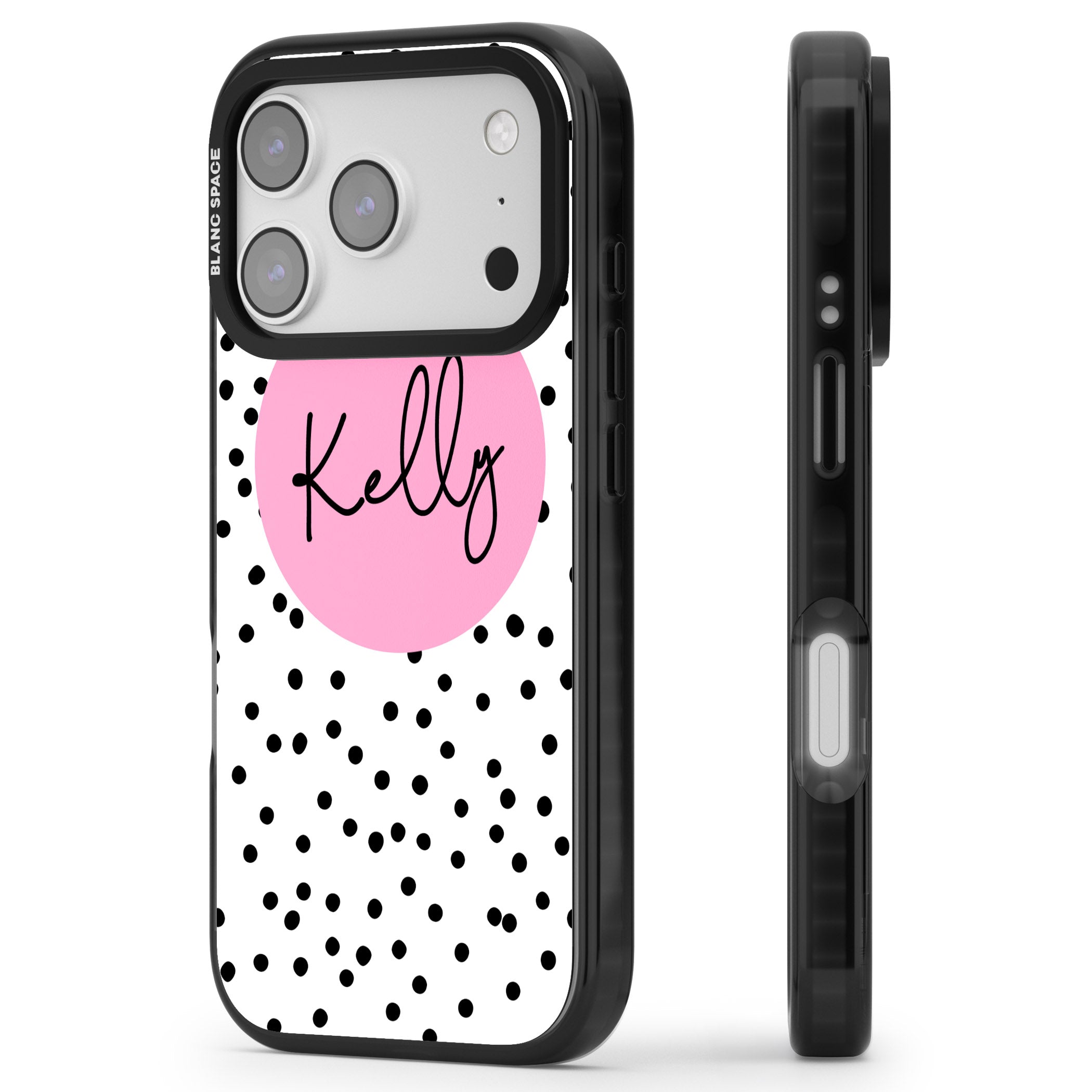 Personalised Pink Circle & Dots iPhone 17 Pro Impact Pro Black Phone Case Side Profile