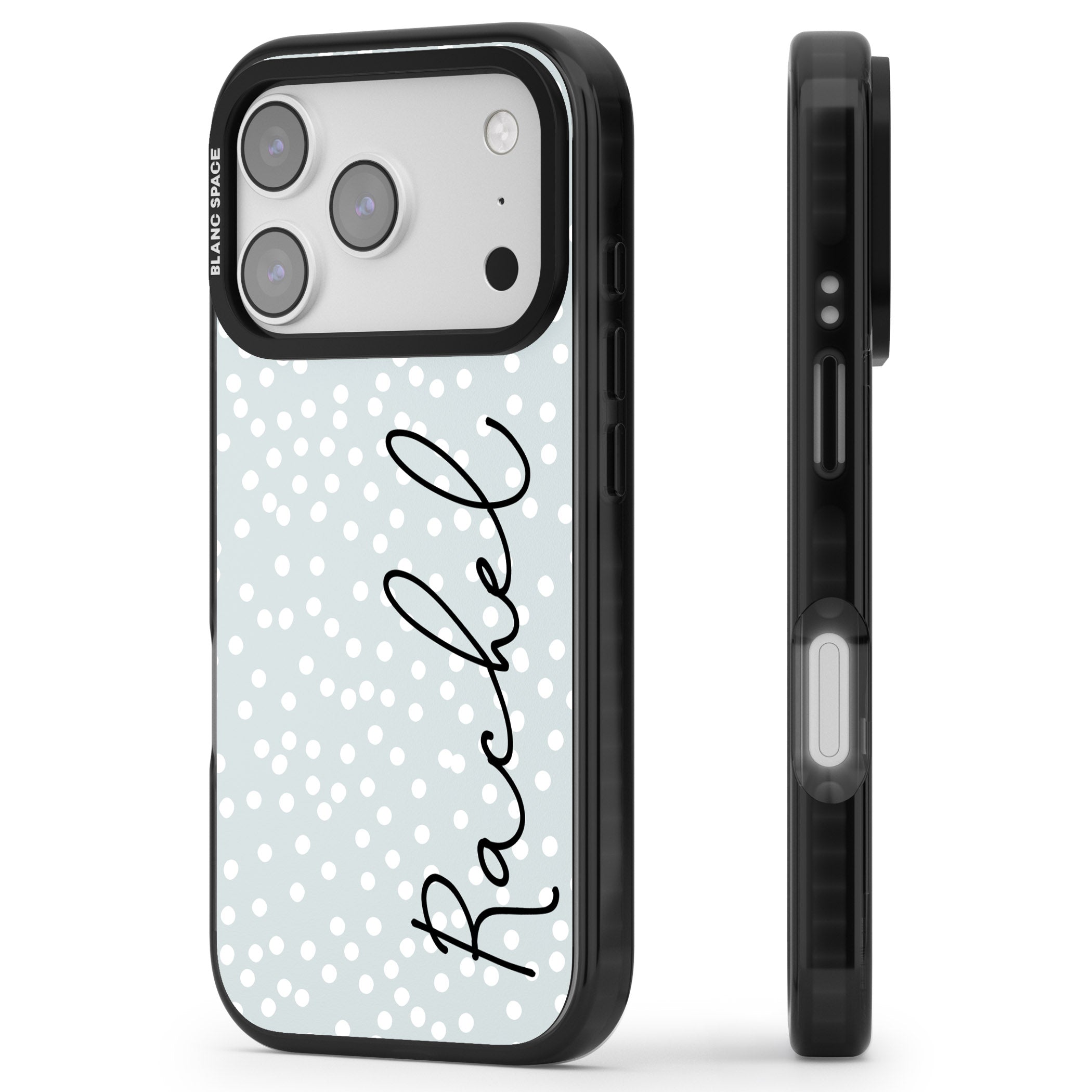 Personalised Vertical Cursive & Dots iPhone 17 Pro Impact Pro Black Phone Case Side Profile