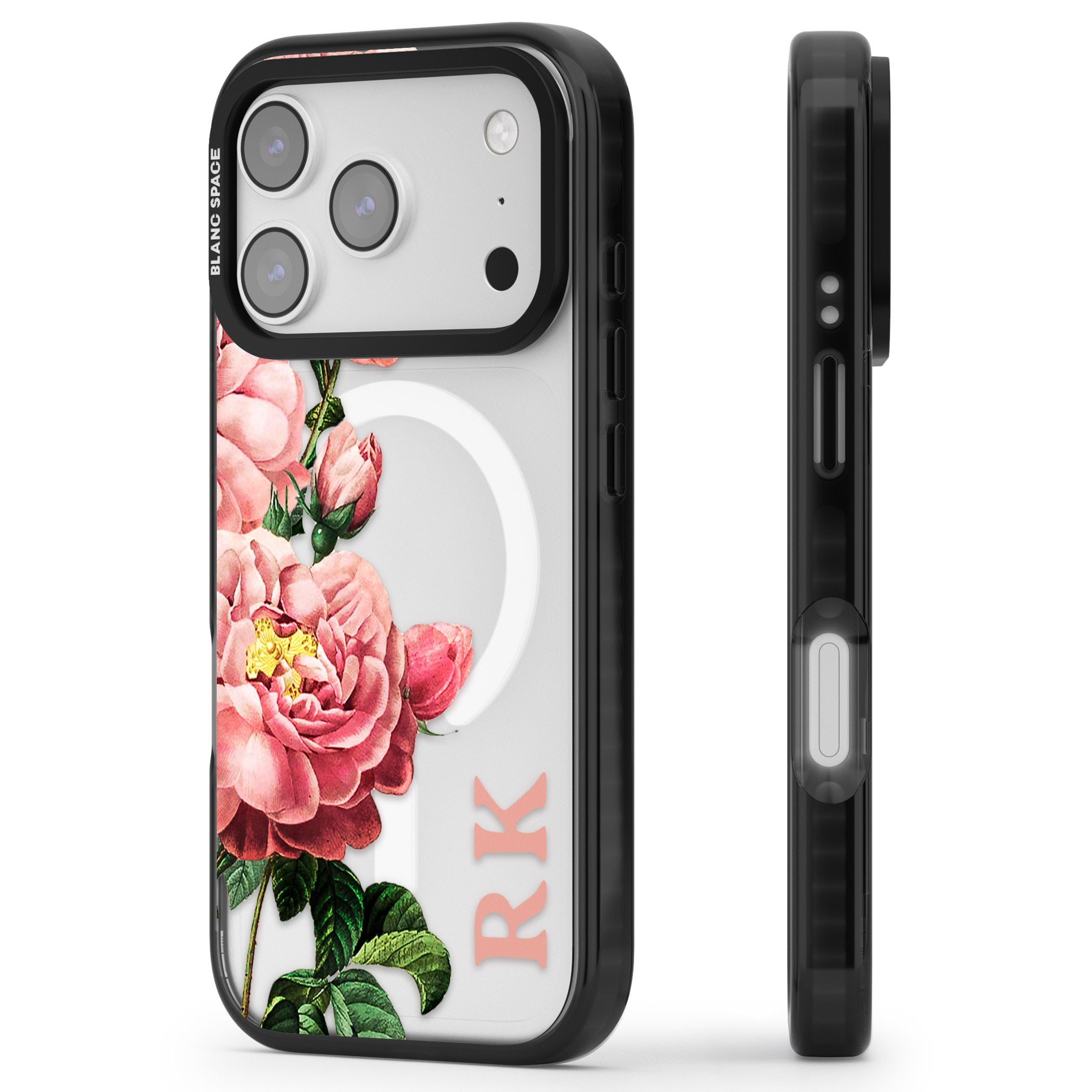Personalised Vintage Floral Peonies iPhone 17 Pro Impact Pro Black Phone Case Side Profile