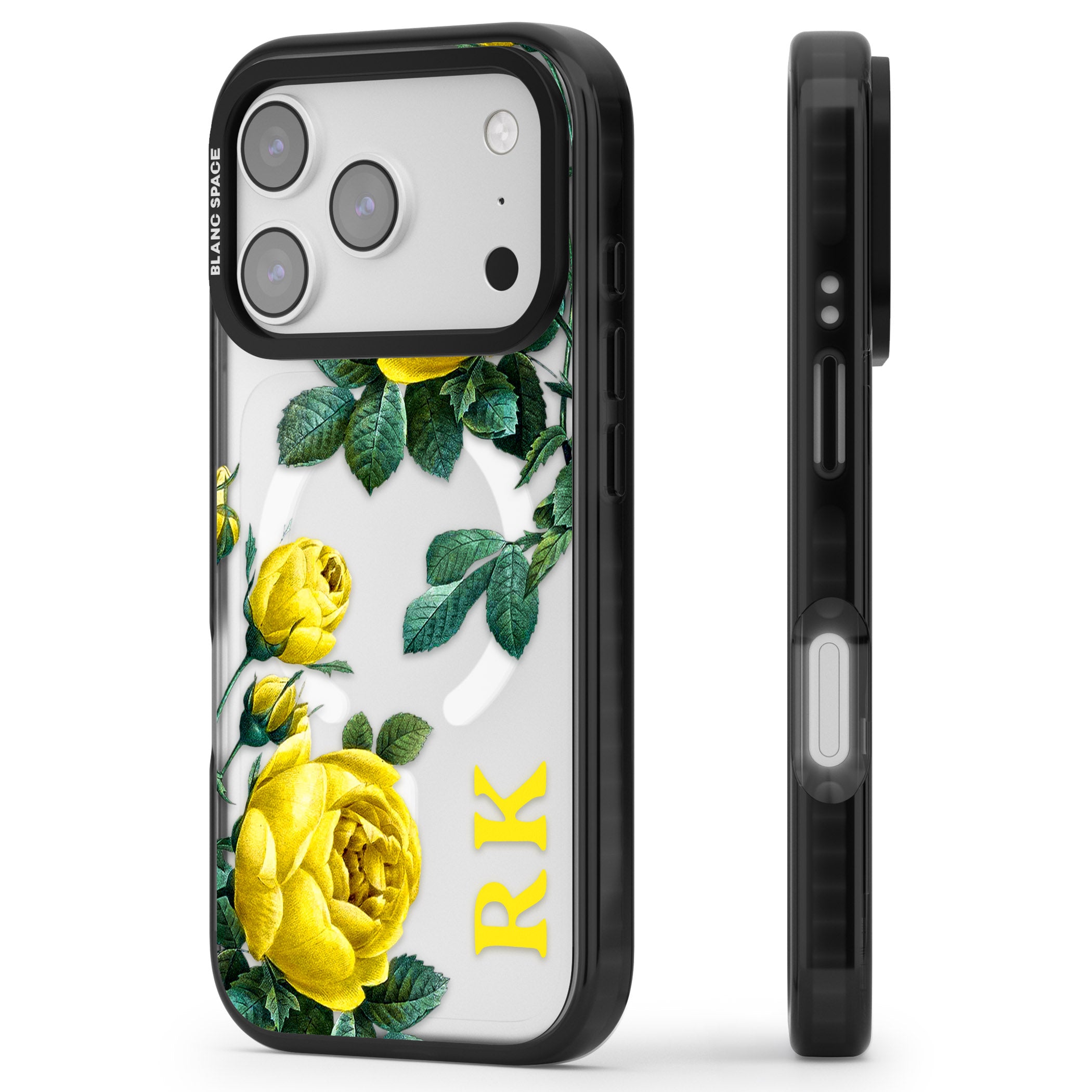 Personalised Vintage Floral Yellow Roses iPhone 17 Pro Impact Pro Black Phone Case Side Profile