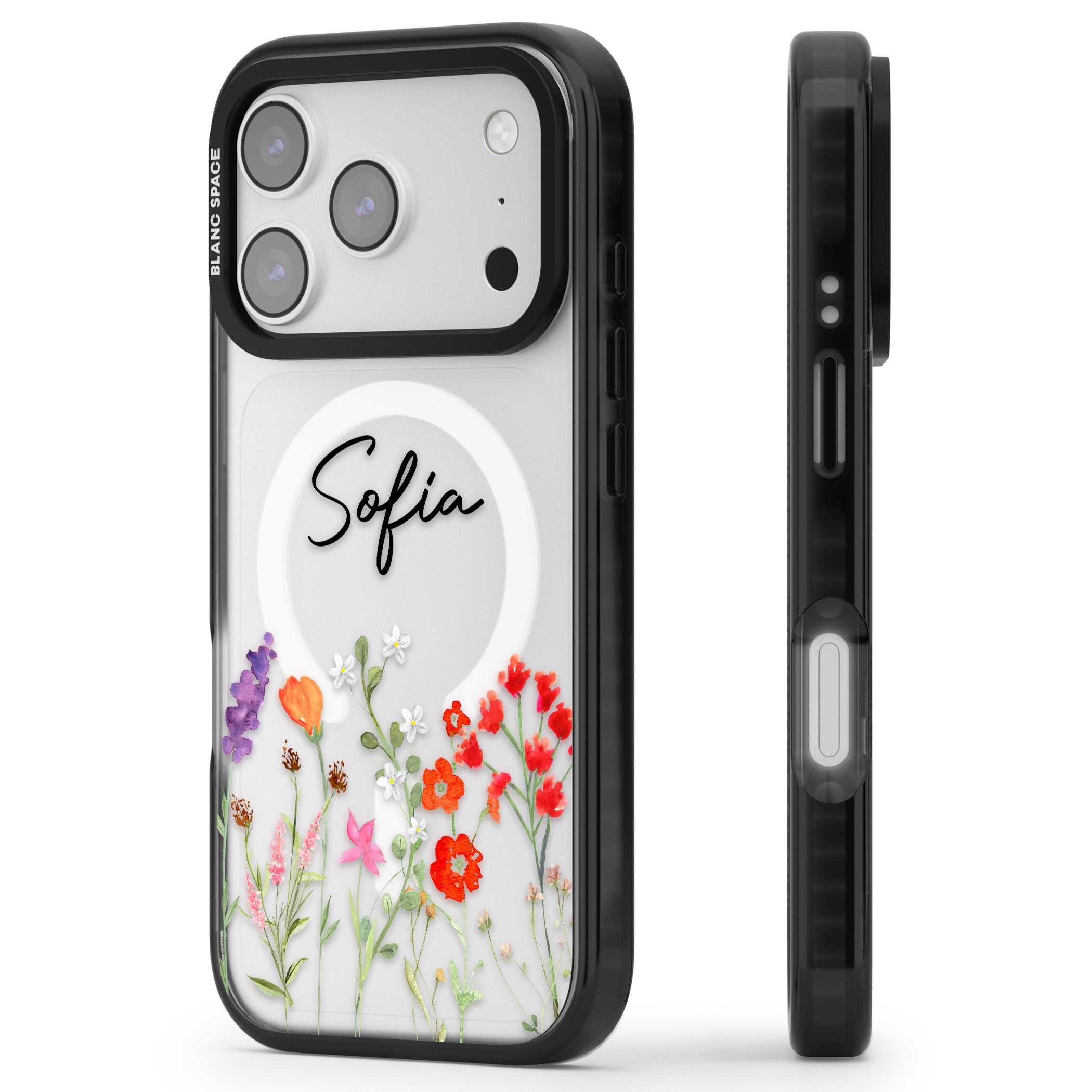 Personalised Spring Wildflowers iPhone 17 Pro Impact Pro Black Phone Case Side Profile