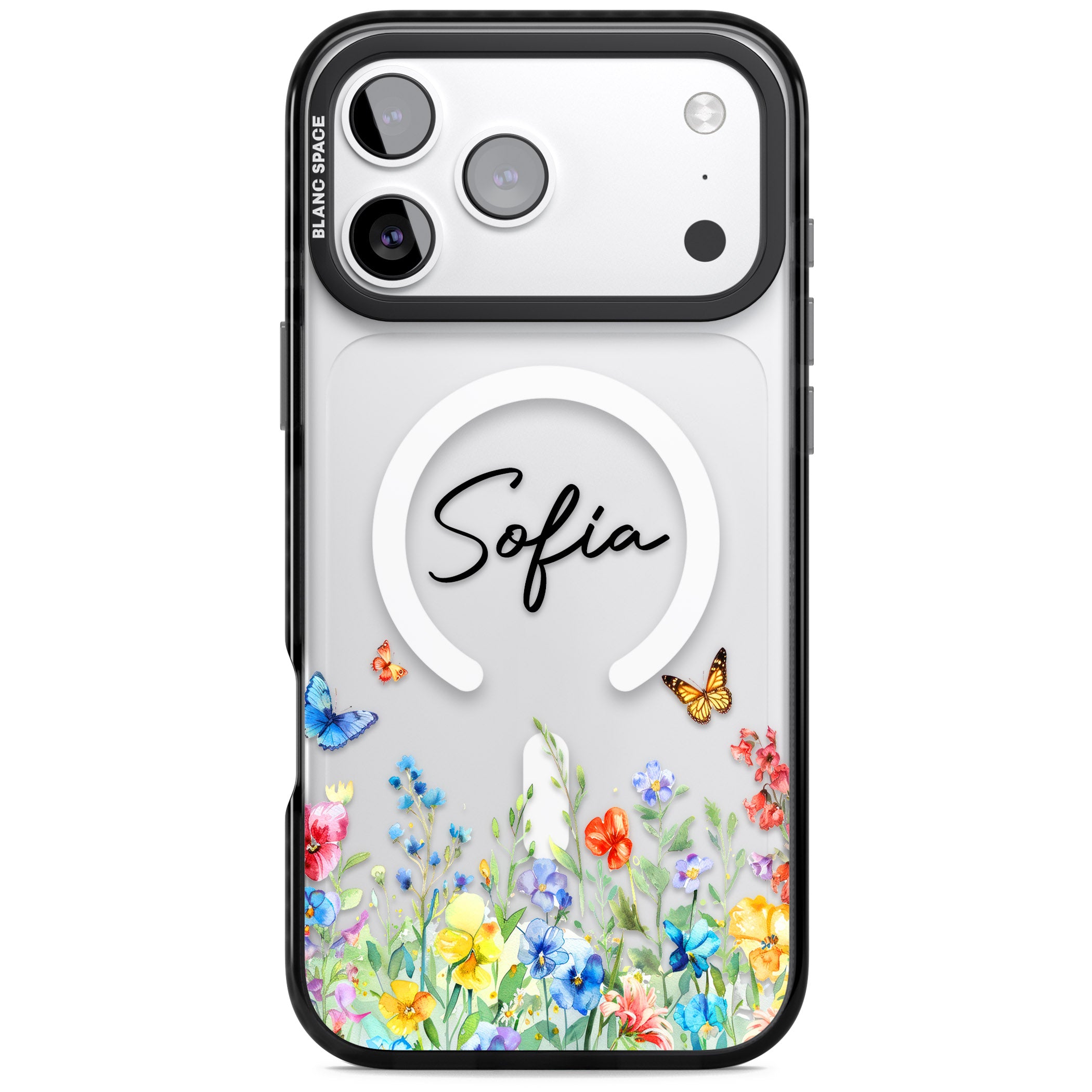 Personalised Buterflies Wildflowers iPhone 17 Pro Impact Pro Black Phone Case