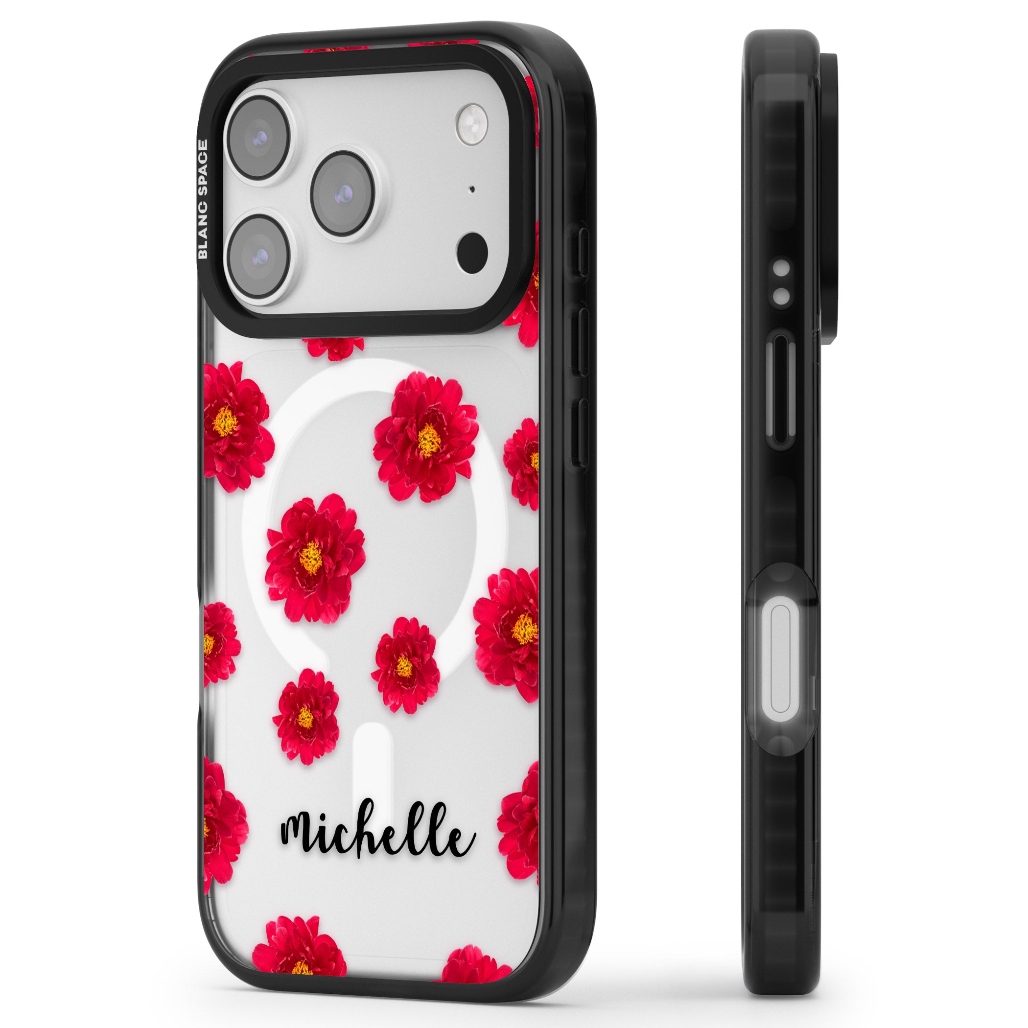 Personalised Red Peonies & Cursive iPhone 17 Pro Impact Pro Black Phone Case Side Profile