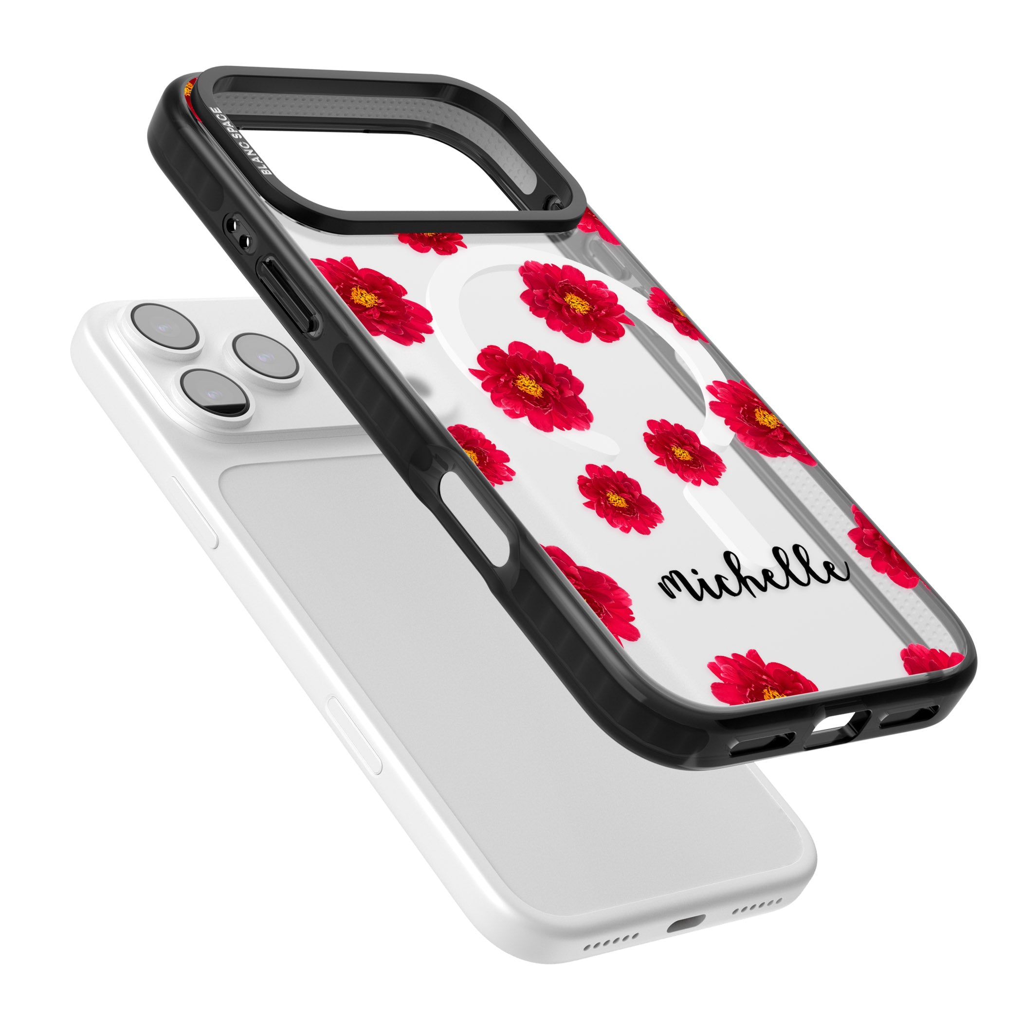 Personalised Red Peonies & Cursive iPhone 17 Pro Impact Pro Black Phone Case Colours