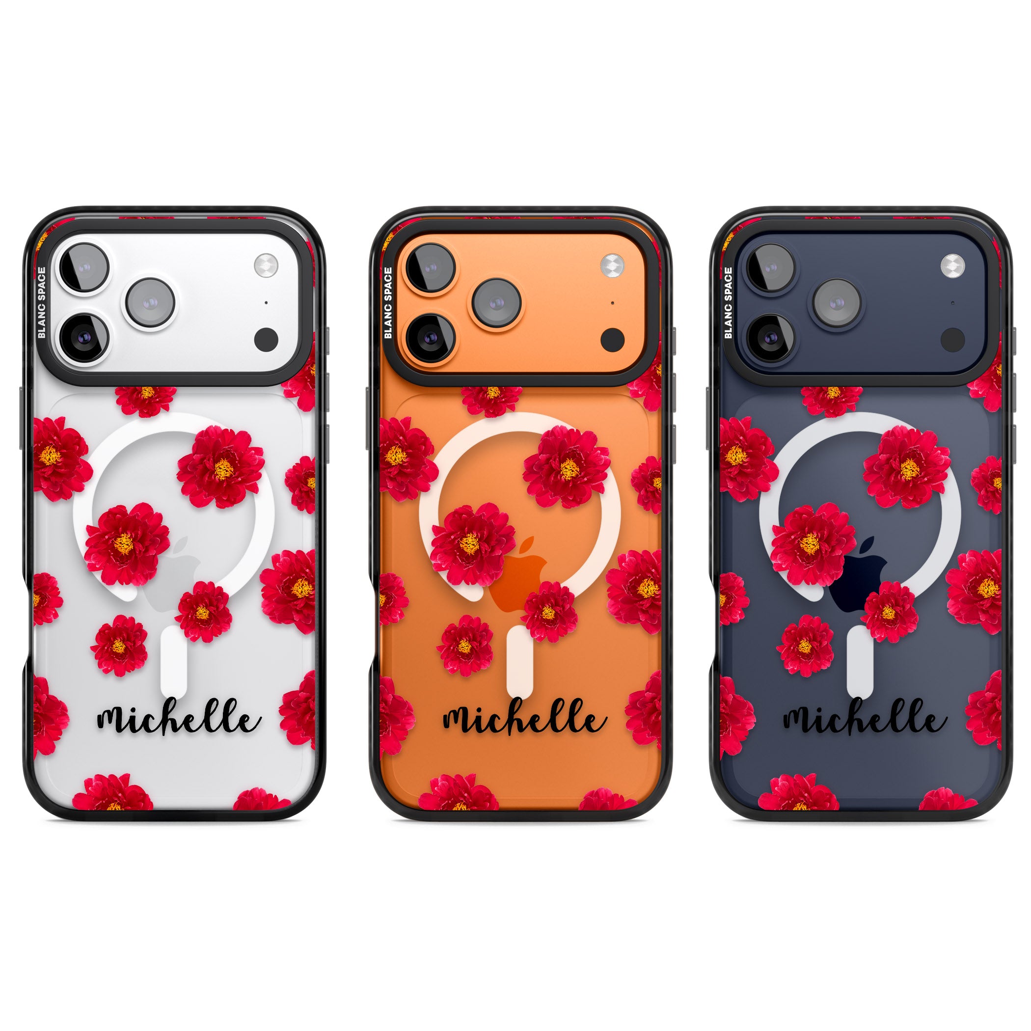 Personalised Red Peonies & Cursive iPhone 17 Pro Impact Pro Black Phone Case APT Impact Protection