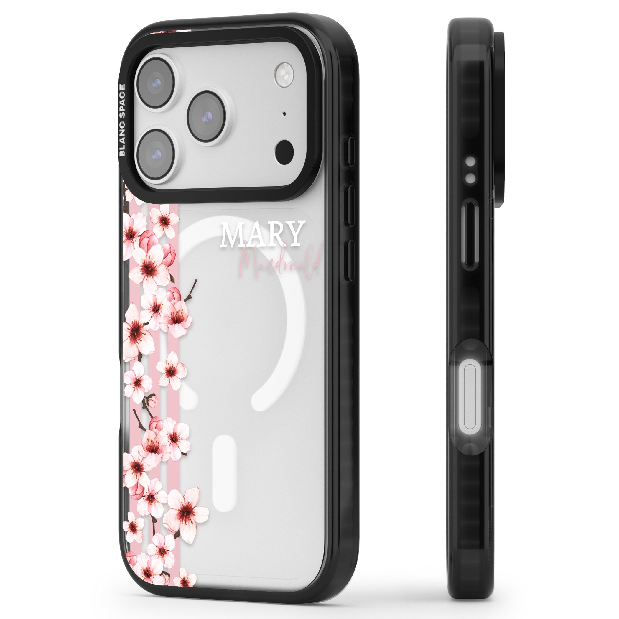 Personalised Cherry Blossom Stripes iPhone 17 Pro Impact Pro Black Phone Case Side Profile