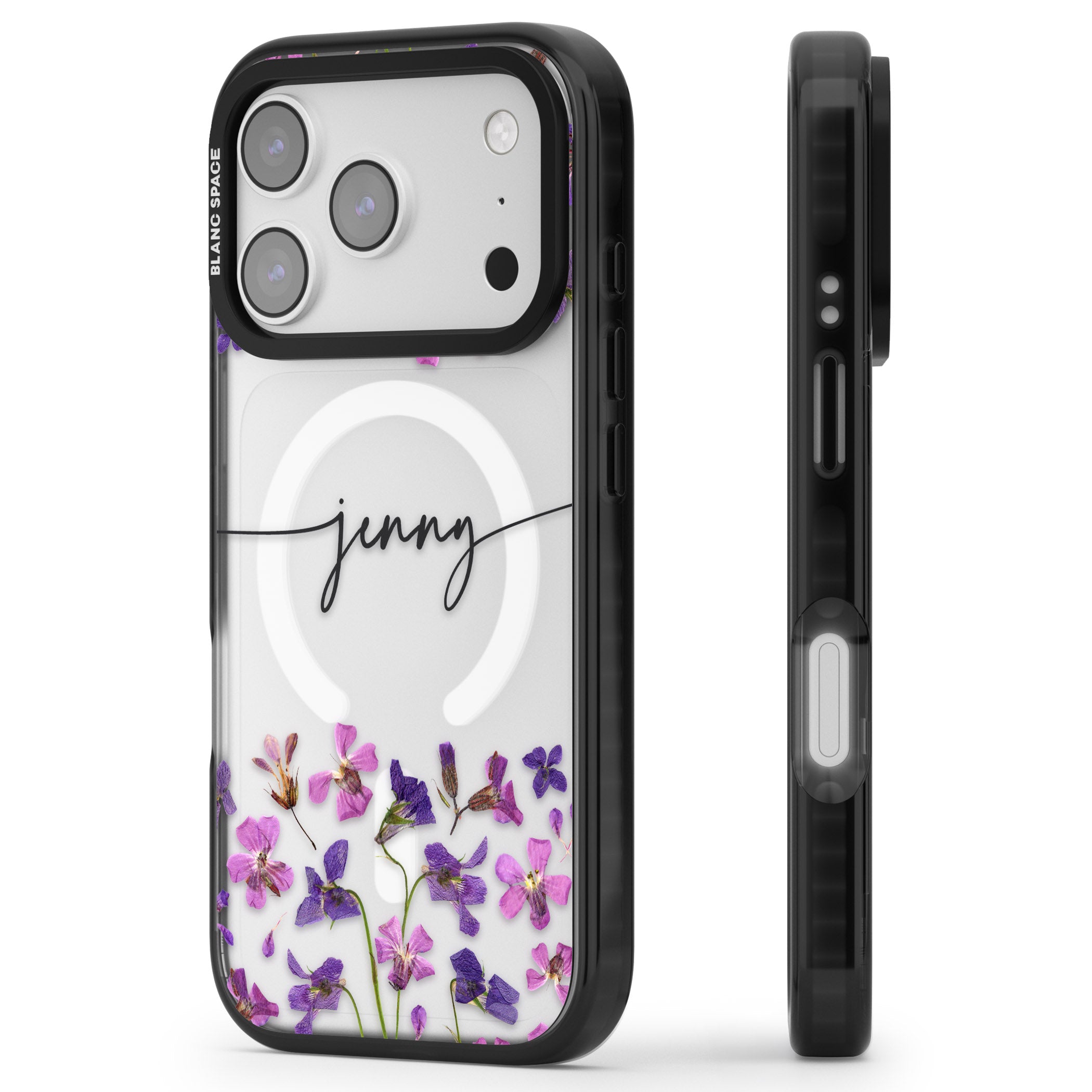 Personalised Purple Violets iPhone 17 Pro Impact Pro Black Phone Case Side Profile
