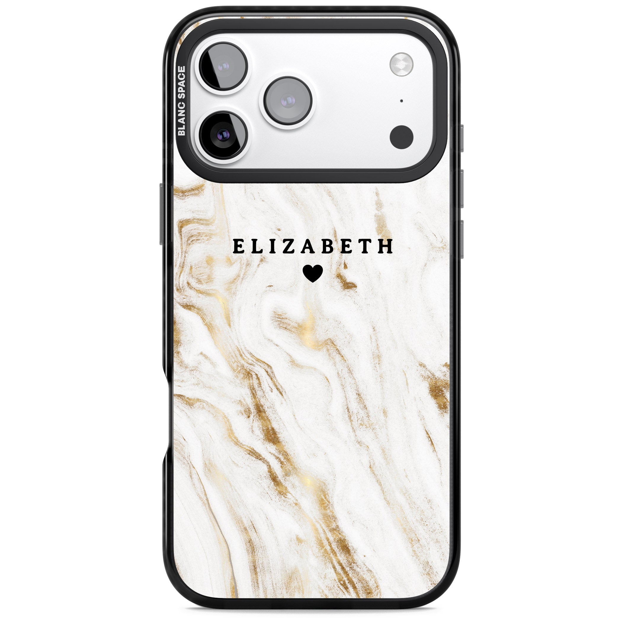 Personalised White & Gold Swirl Marble iPhone 17 Pro Impact Pro Black Phone Case