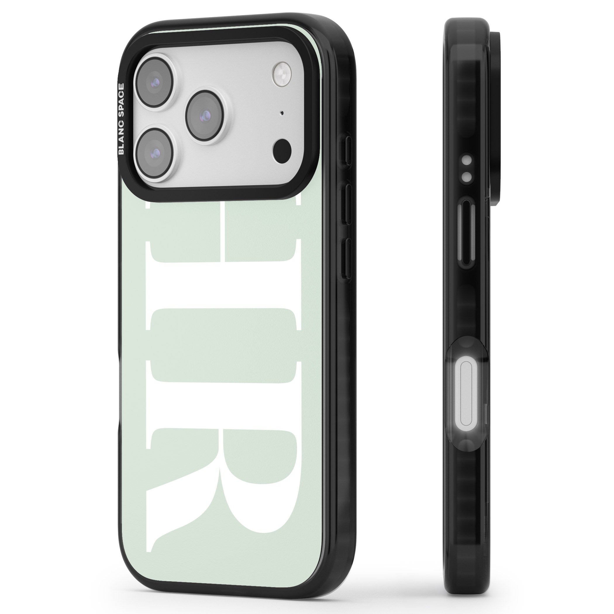 Personalised White & Seafoam Green Letters iPhone 17 Pro Impact Pro Black Phone Case Side Profile