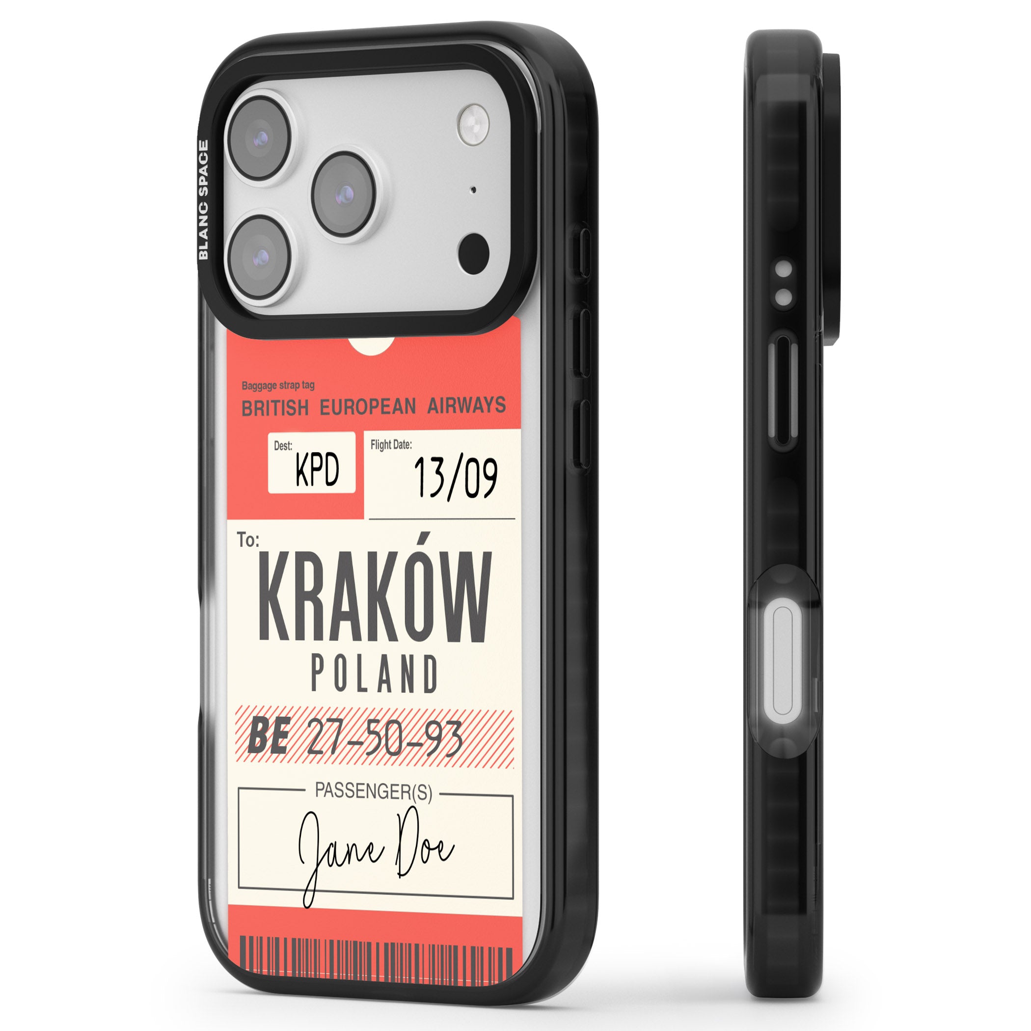 Personalised Vintage Bea Luggage Tag iPhone 17 Pro Impact Pro Black Phone Case Side Profile