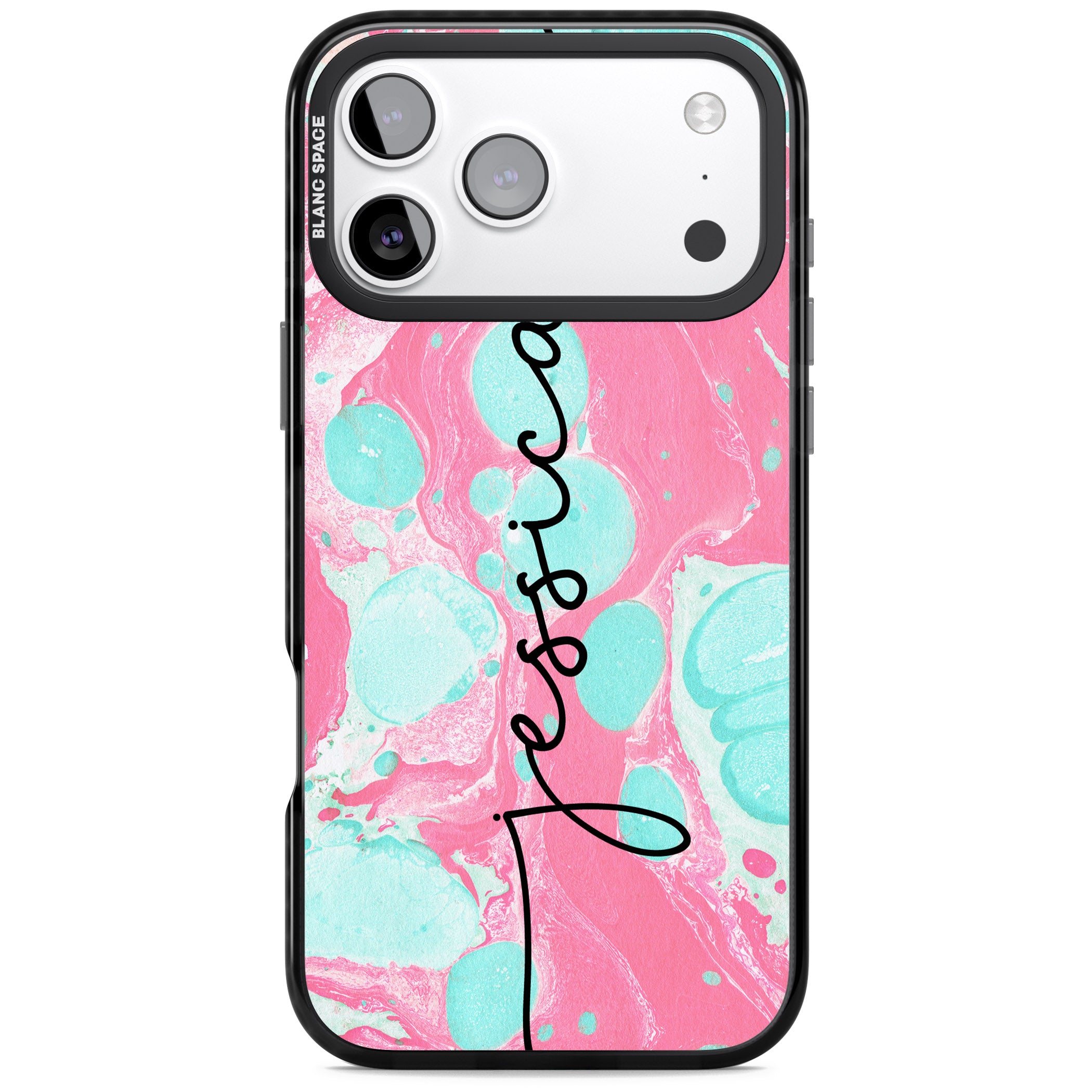 Personalised Turquoise & Pink Marbled iPhone 17 Pro Impact Pro Black Phone Case
