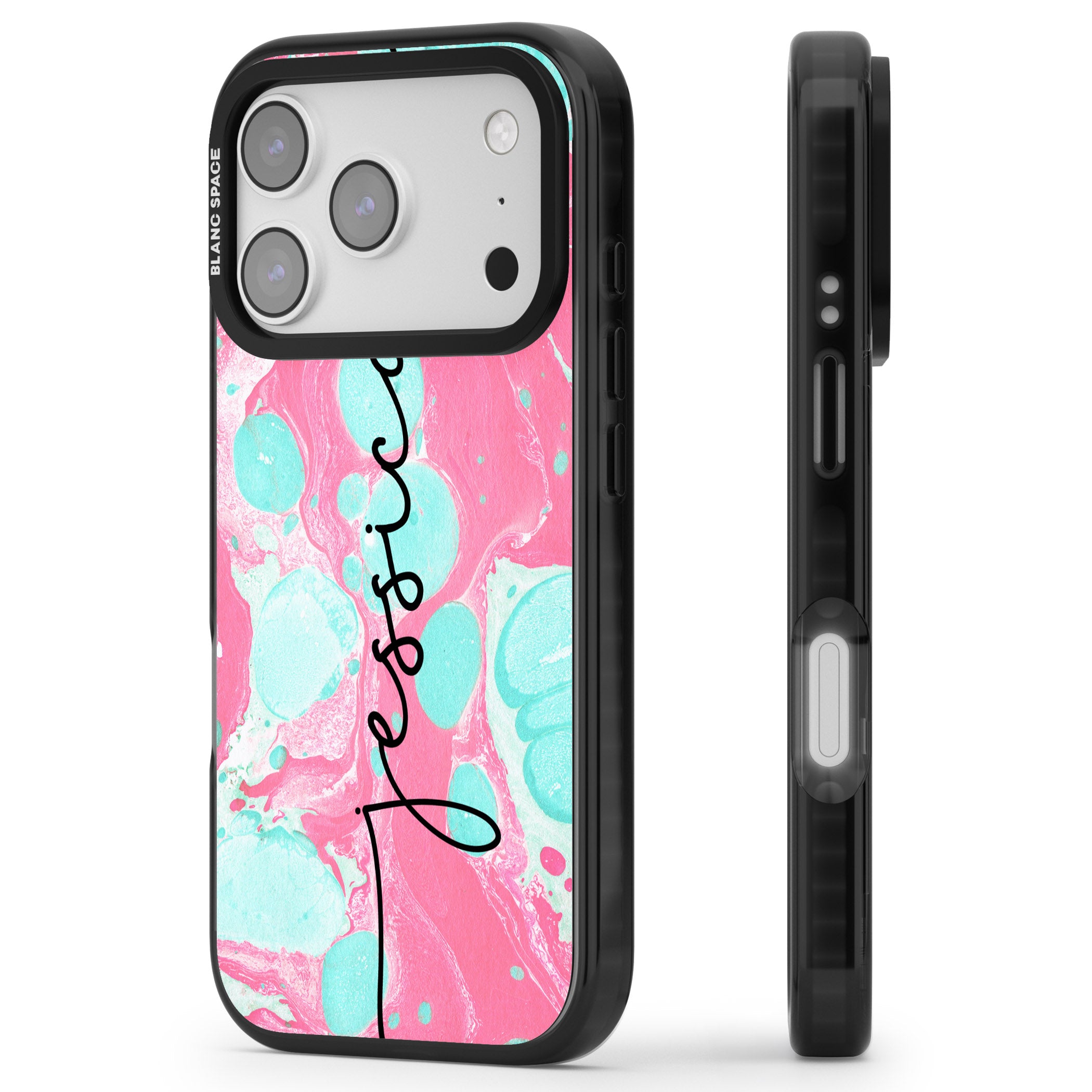 Personalised Turquoise & Pink Marbled iPhone 17 Pro Impact Pro Black Phone Case Side Profile