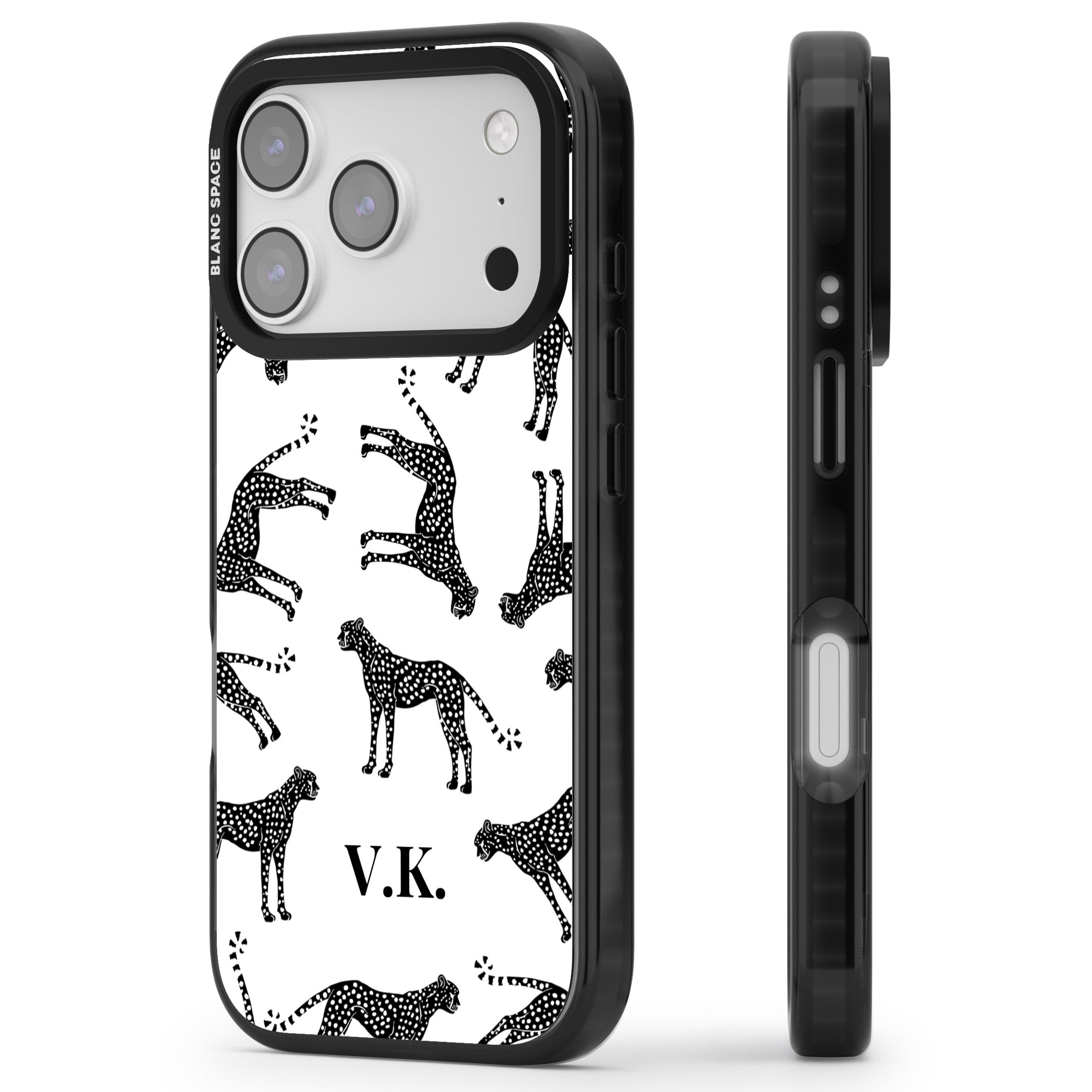 Personalised Black & White Cheetah Pattern iPhone 17 Pro Impact Pro Black Phone Case Side Profile