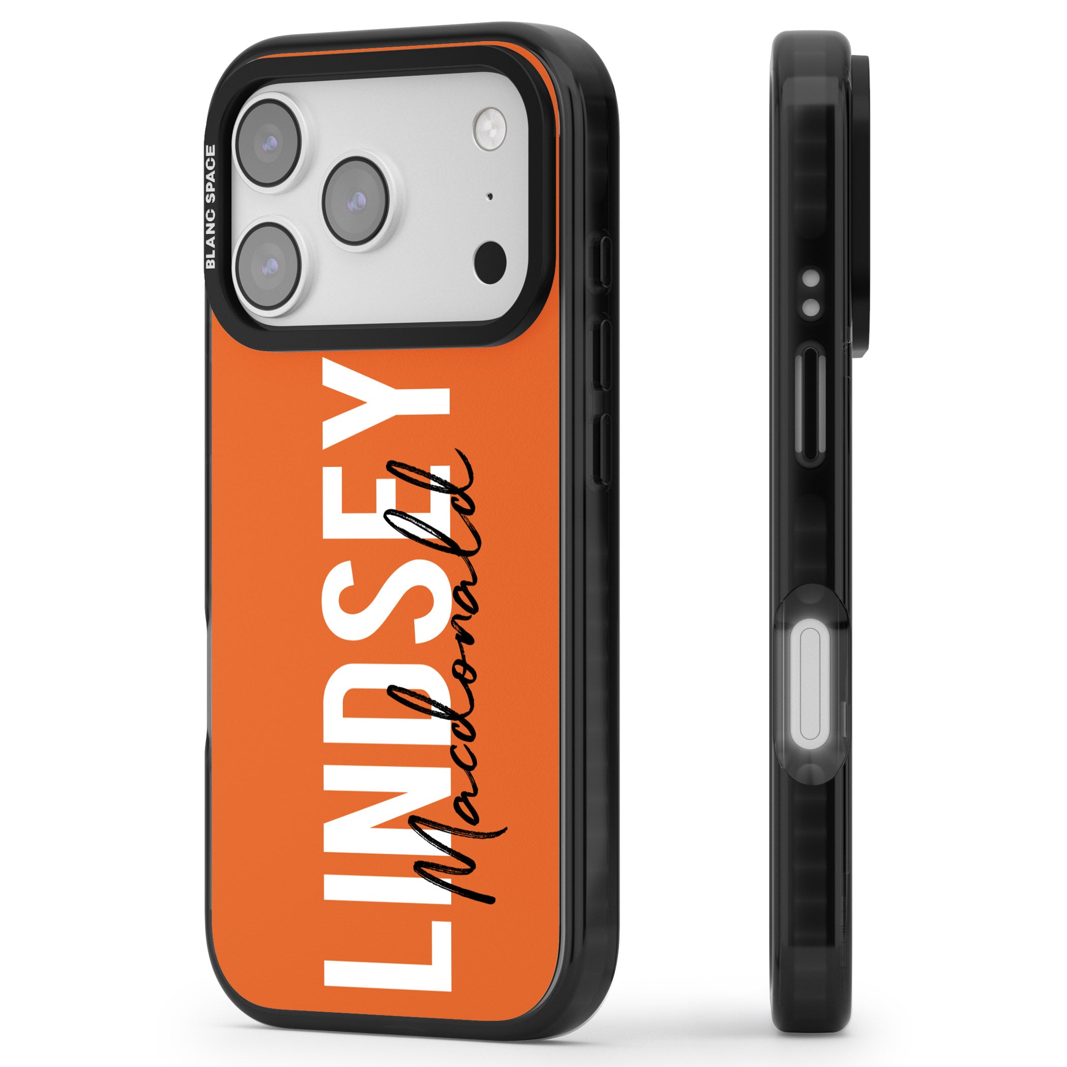 Personalised Bold Name: Orange iPhone 17 Pro Impact Pro Black Phone Case Side Profile