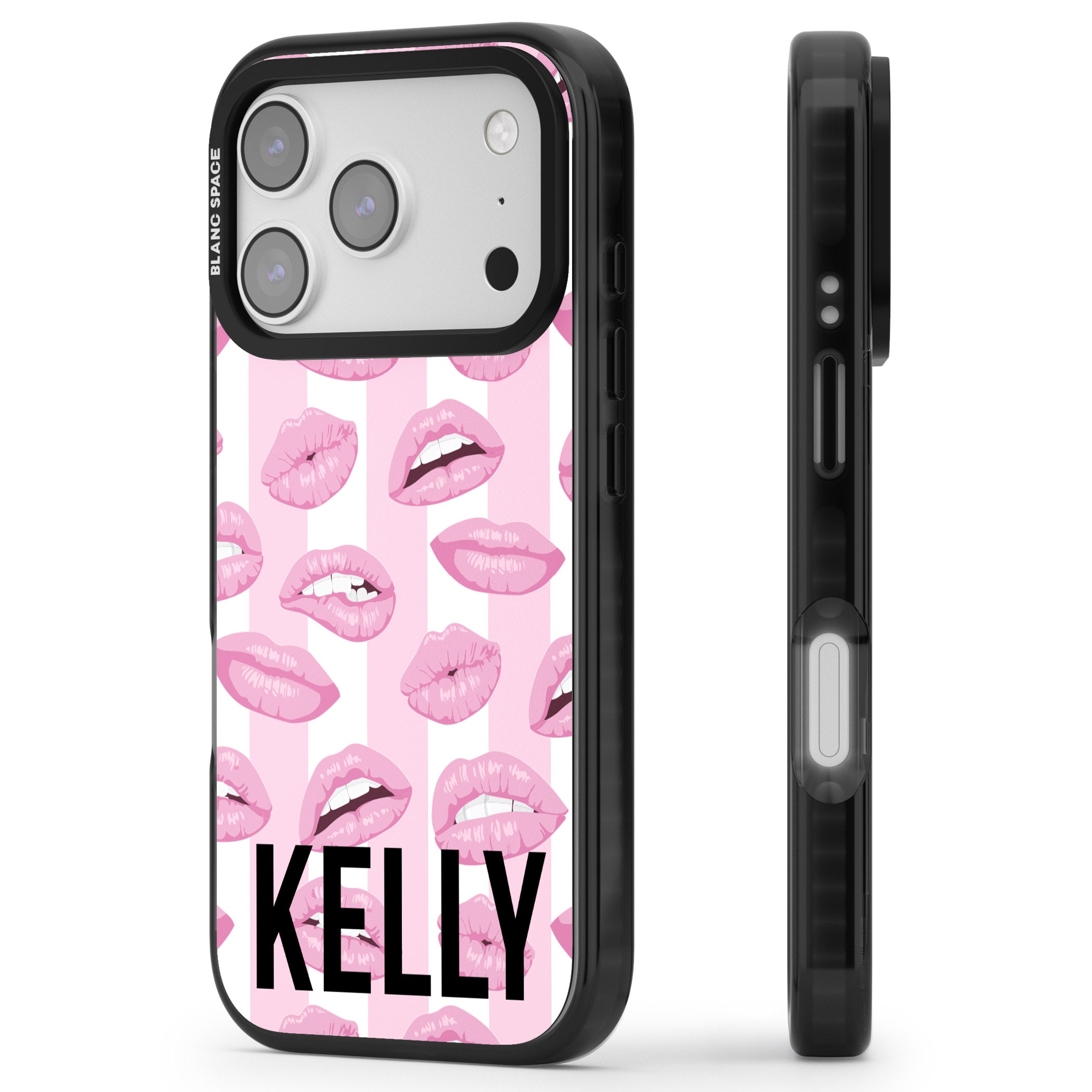 Personalised Pink Stripes & Lips iPhone 17 Pro Impact Pro Black Phone Case Side Profile