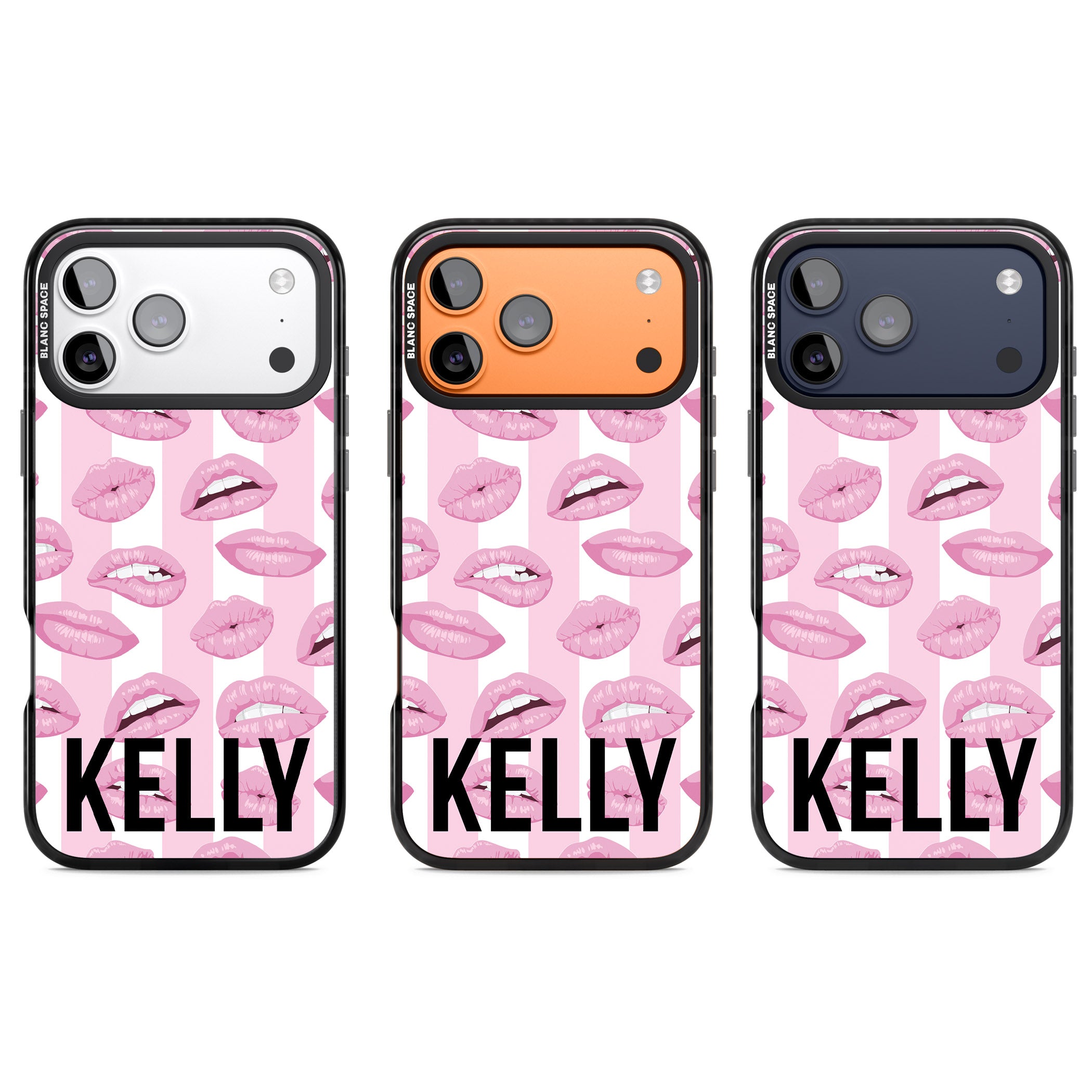 Personalised Pink Stripes & Lips iPhone 17 Pro Impact Pro Black Phone Case APT Impact Protection