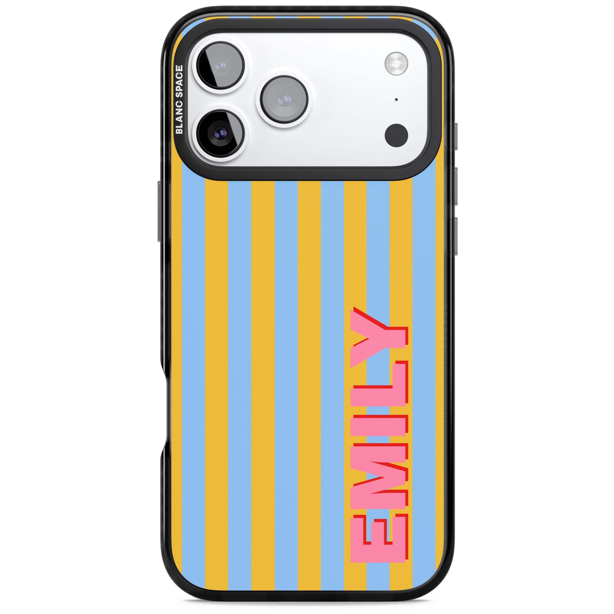 Carribean Stripe personalised coastal iPhone case with yellow and blue vertical stripes and a custom pink name | Black Impact Magsafe case for iPhone 17 Pro, iPhone 17 Pro Max