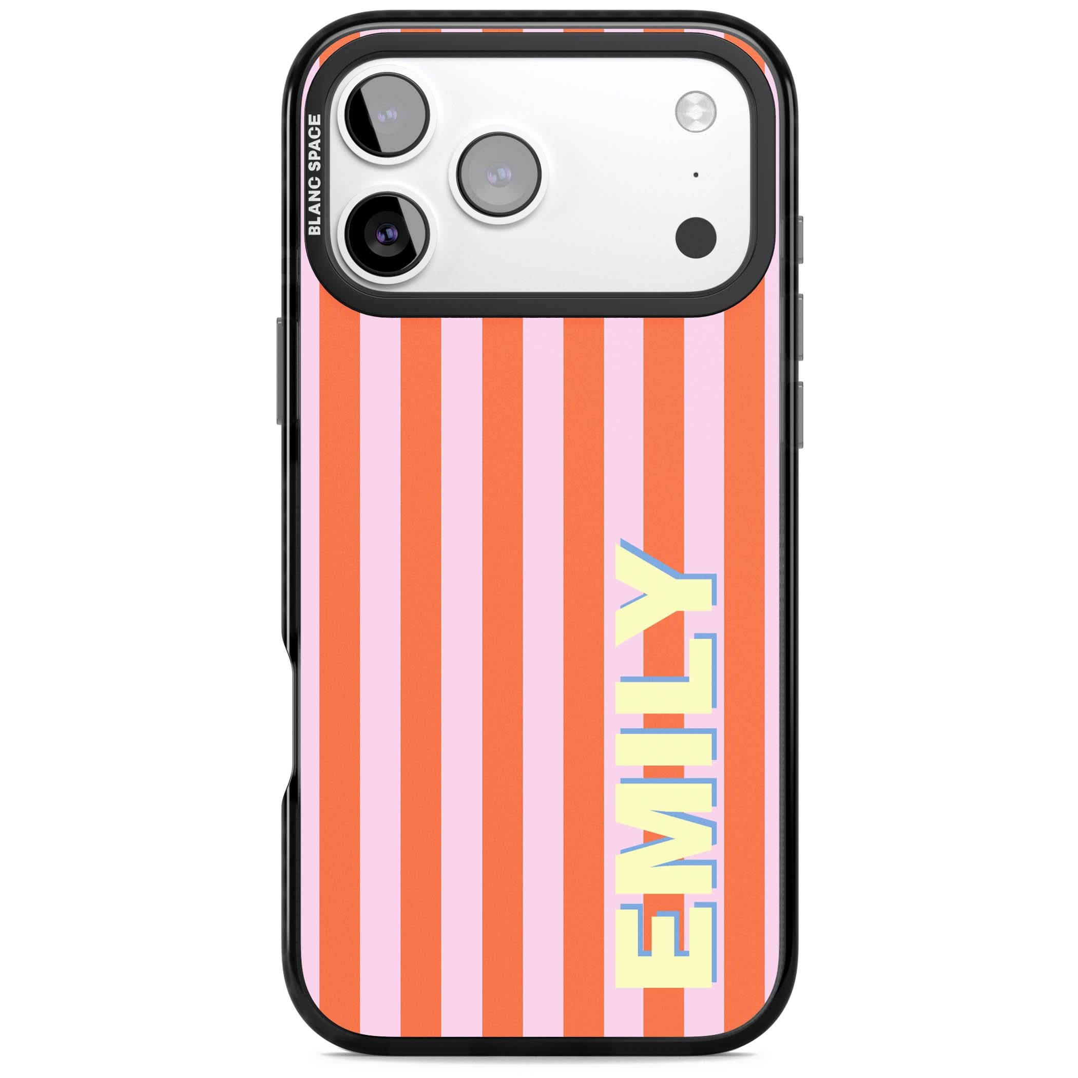 Havana Stripe personalised iPhone case featuring pink and orange vertical stripes with a custom yellow name | Black Impact Magsafe case for iPhone 17 Pro, iPhone 17 Pro Max