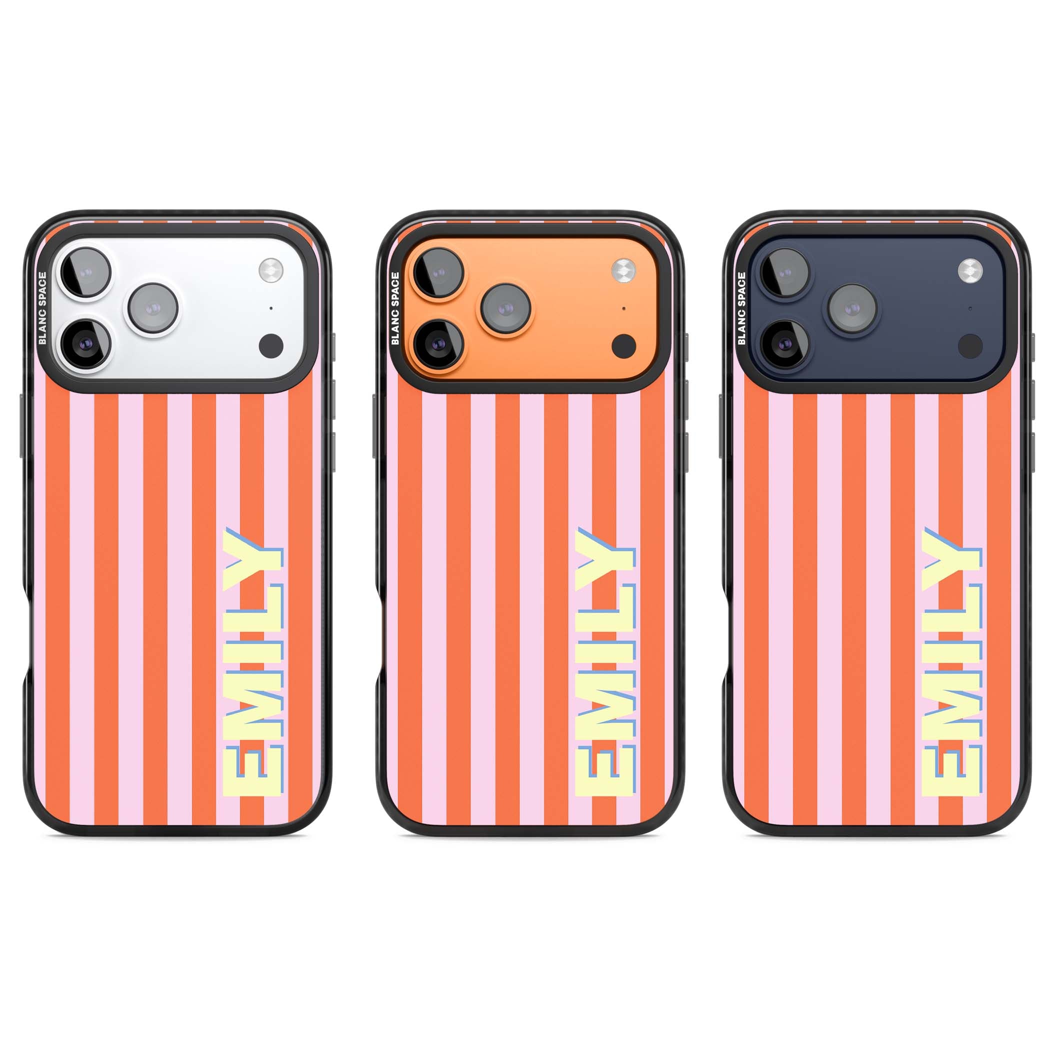 Havana Stripe personalised iPhone case featuring pink and orange vertical stripes with a custom yellow name | Black Impact Magsafe case for iPhone 17 Pro, iPhone 17 Pro Max