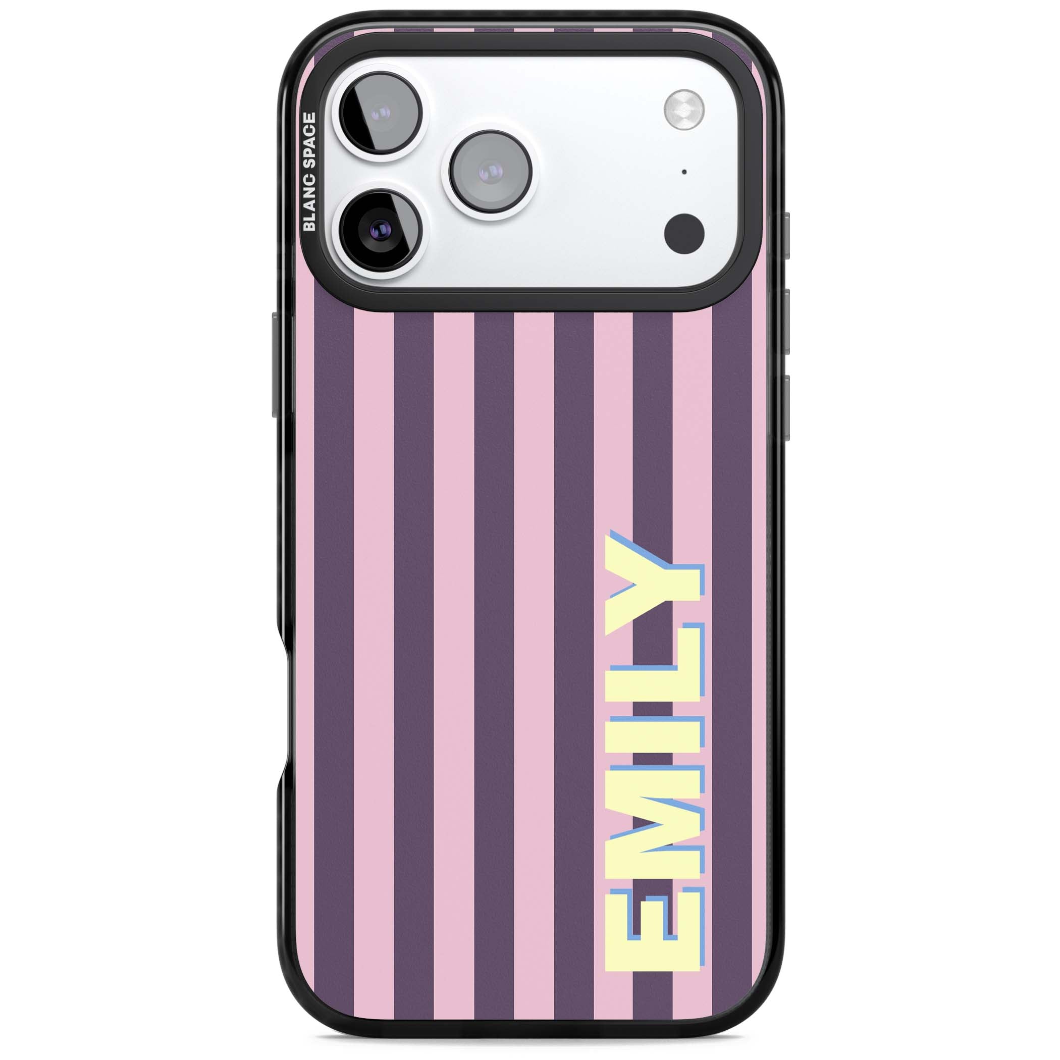 Tyre Stripe personalised stripe iPhone case with plum and pink vertical stripes and custom yellow name | Black Impact Magsafe case for iPhone 17 Pro, iPhone 17 Pro Max