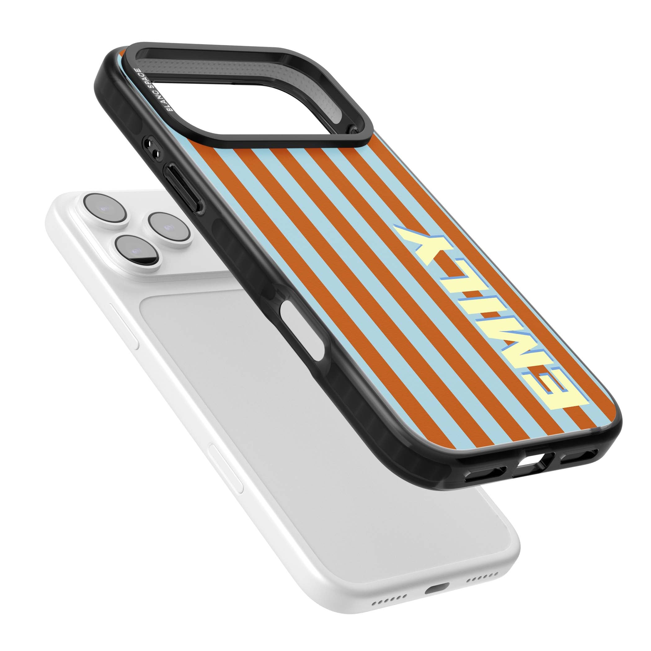 Cappadocia Stripe personalised coastal iPhone case featuring blue and orange vertical stripes with custom cream name | Black Impact Magsafe case for iPhone 17 Pro, iPhone 17 Pro Max