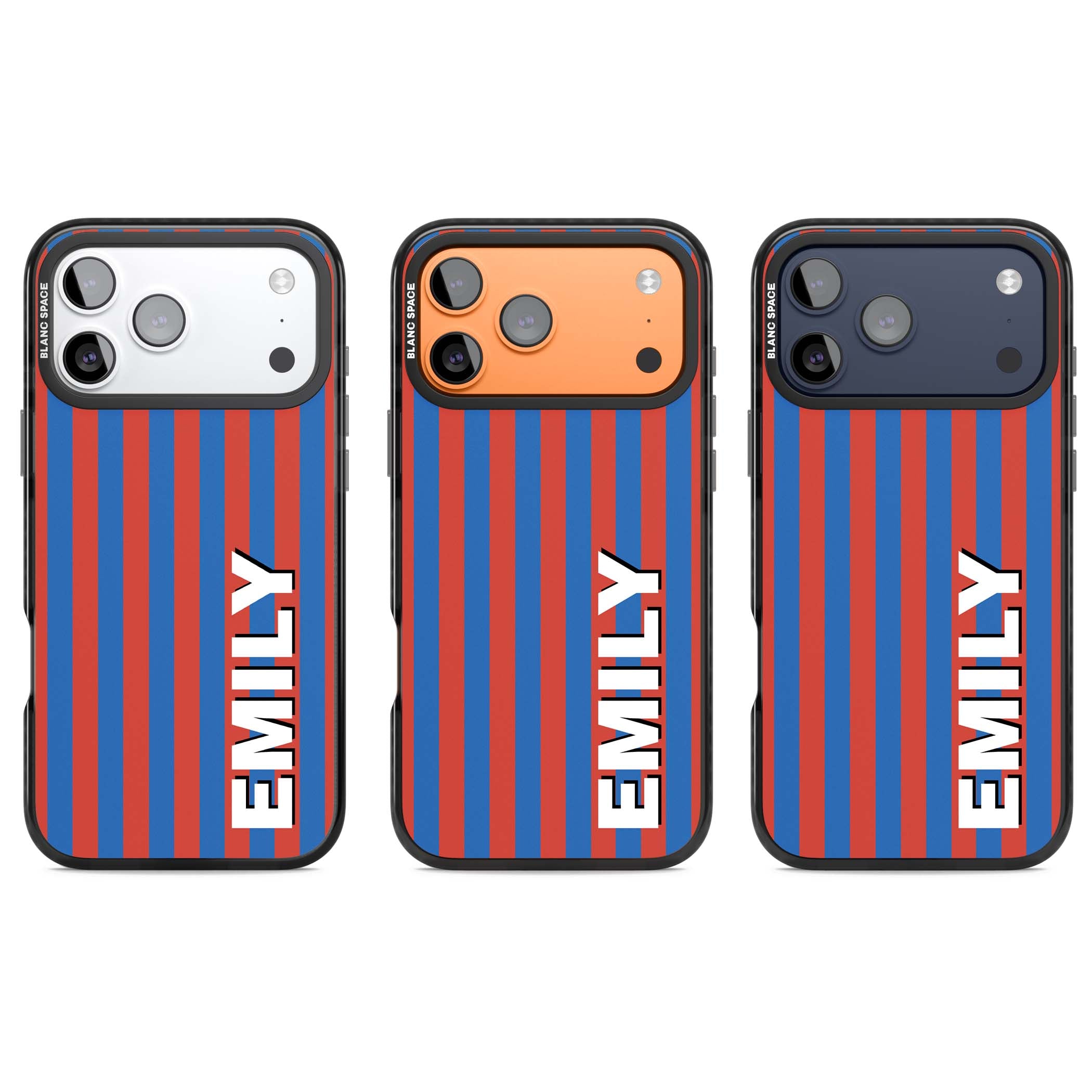 Cuban Stripe personalised iPhone case featuring red and blue vertical stripes with custom name in bold white letters | Black Impact Magsafe case for iPhone 17 Pro, iPhone 17 Pro Max