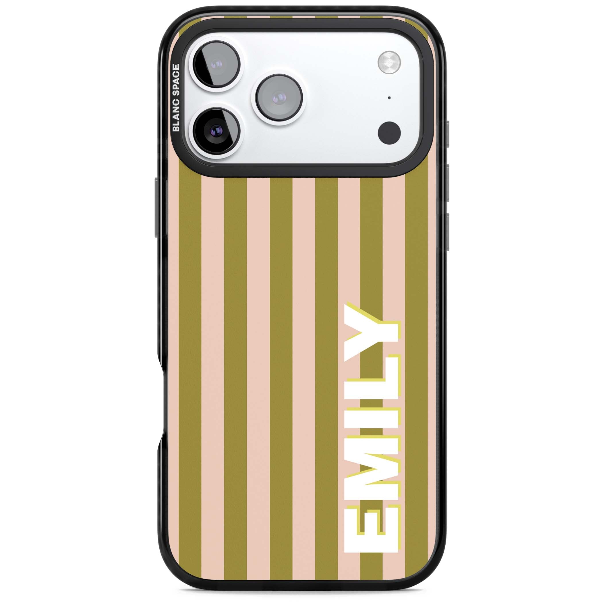 Indian Stripe personalised iPhone case featuring olive green and blush pink vertical stripes with custom name in whit | Black Impact Magsafe case for iPhone 17 Pro, iPhone 17 Pro Max