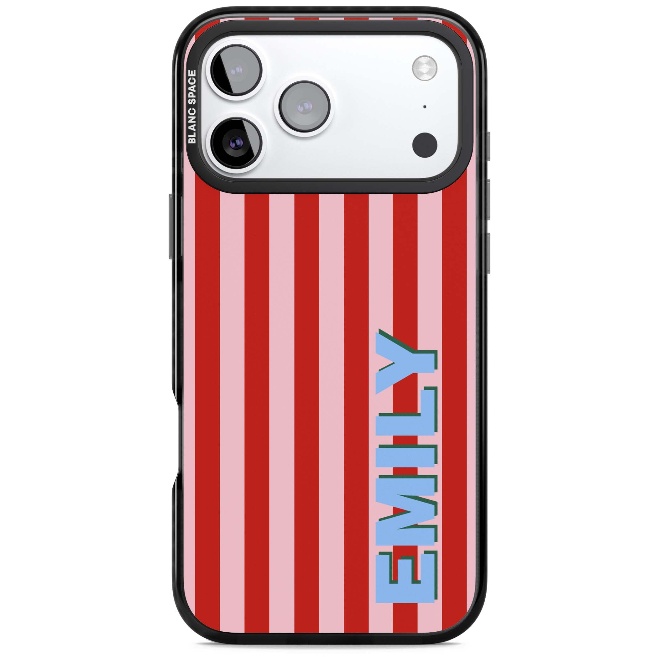 Market Stripe personalised iPhone case with red and pink vertical stripes and custom blue name | Black Impact Magsafe case for iPhone 17 Pro, iPhone 17 Pro Max