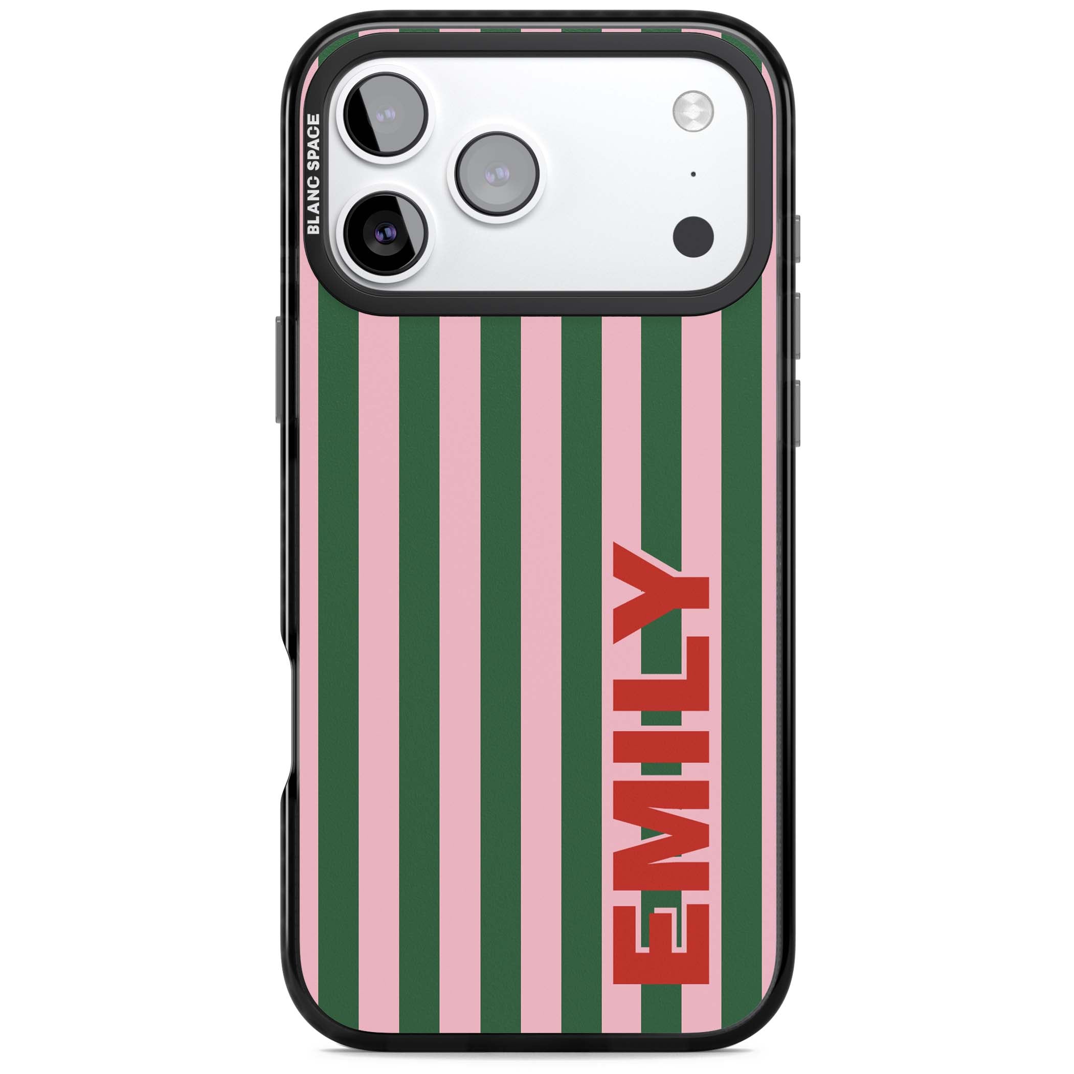 Italian Stripe preppy iPhone case featuring pink and green vertical stripes with personalised red name | Black Impact Magsafe case for iPhone 17 Pro, iPhone 17 Pro Max