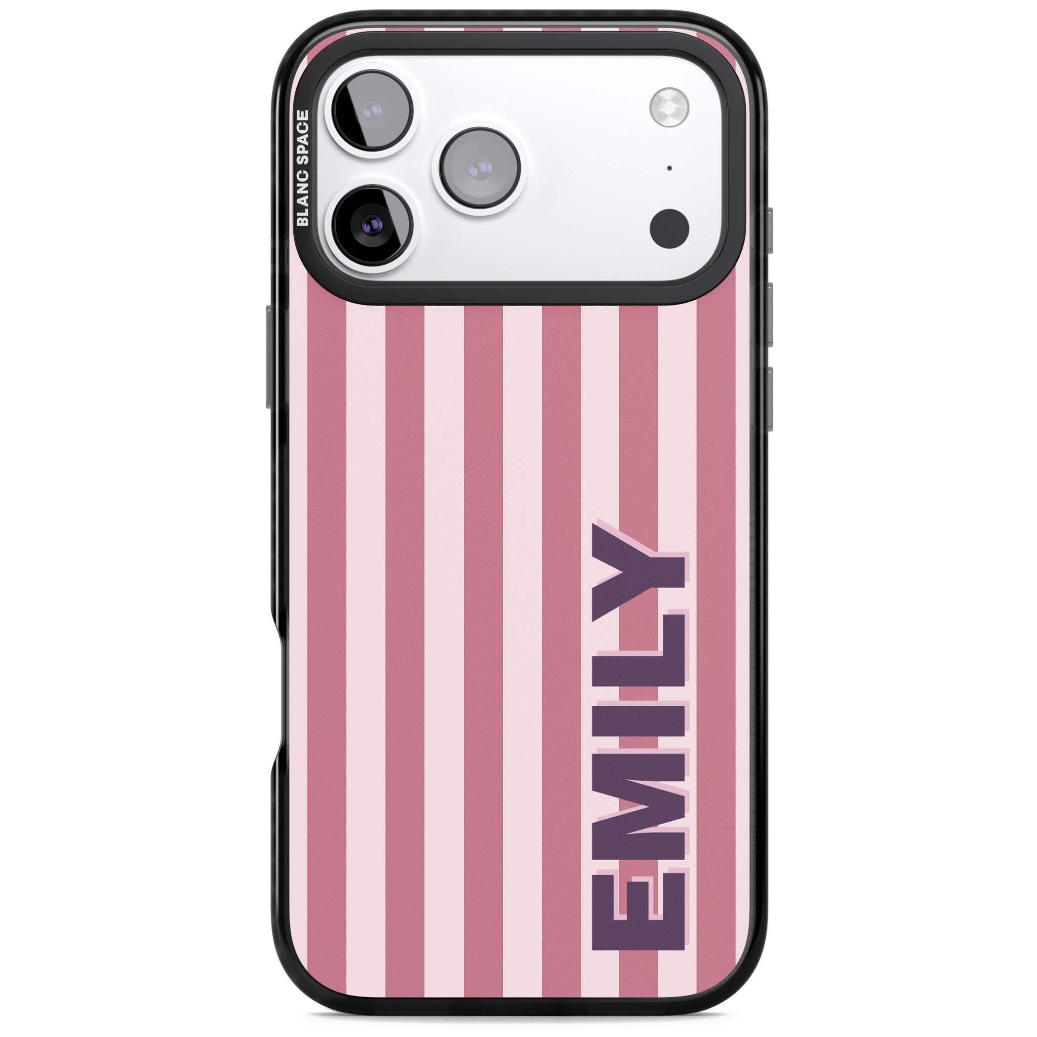 Victoria Stripe personalised iPhone case featuring pink vertical stripes and custom name in bold plum lettering | Black Impact Magsafe case for iPhone 17 Pro, iPhone 17 Pro Max
