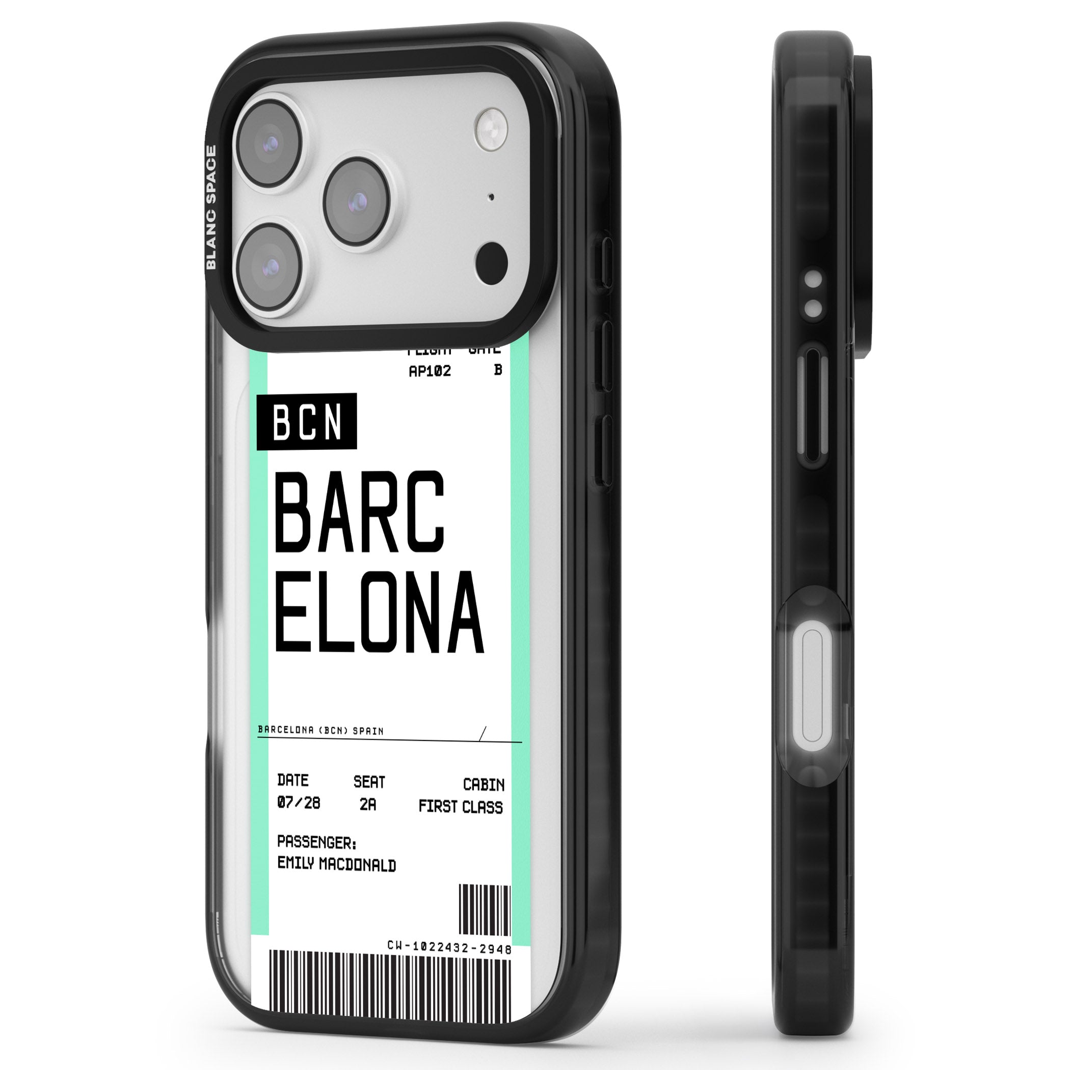 Personalised Barcelona Boarding Pass iPhone 17 Pro Impact Pro Black Phone Case Side Profile