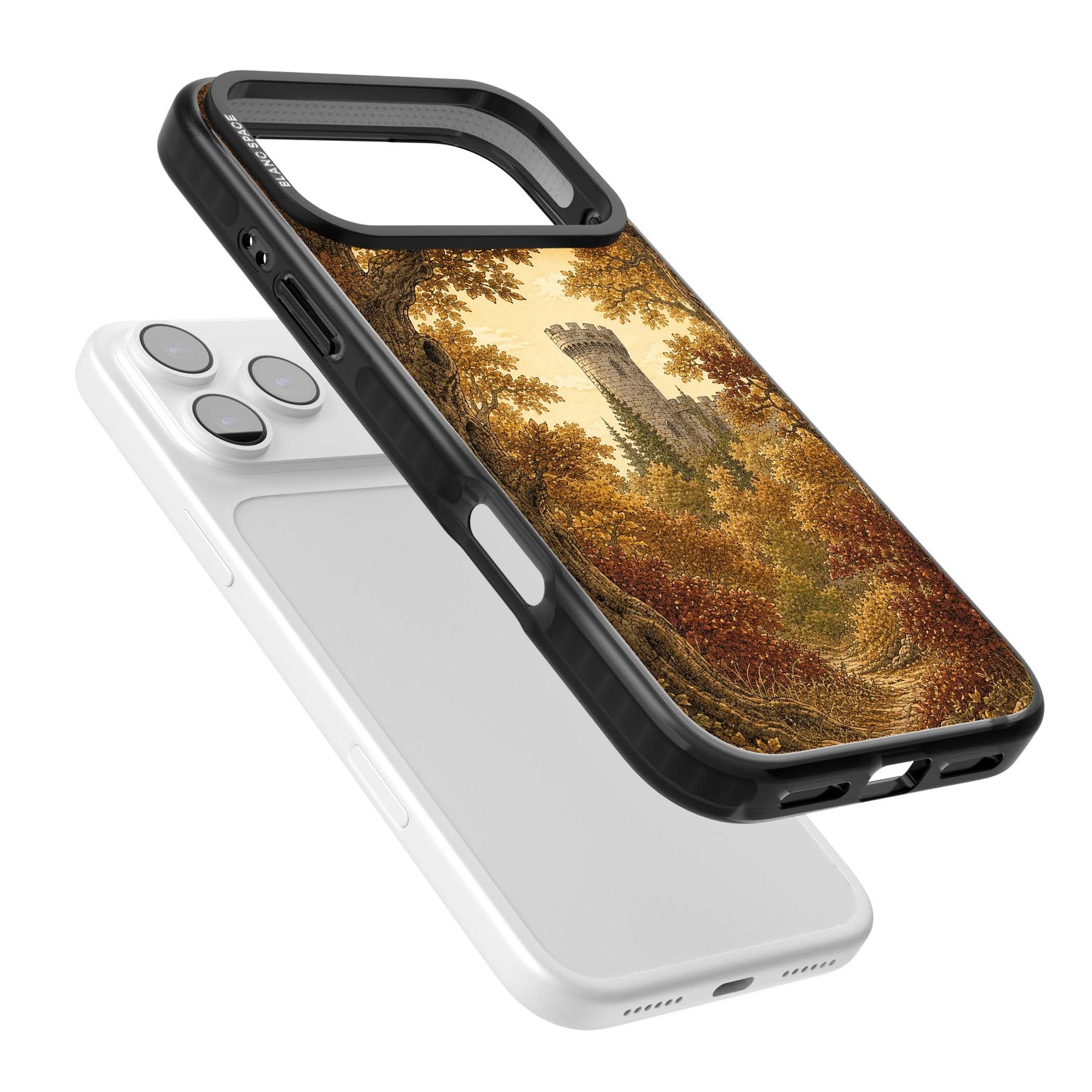 Autumn Keep cottagecore iPhone case featuring a medieval castle tower framed by golden autumn trees and woodland foliage | Black Impact Magsafe case for iPhone 17 Pro, iPhone 17 Pro Max