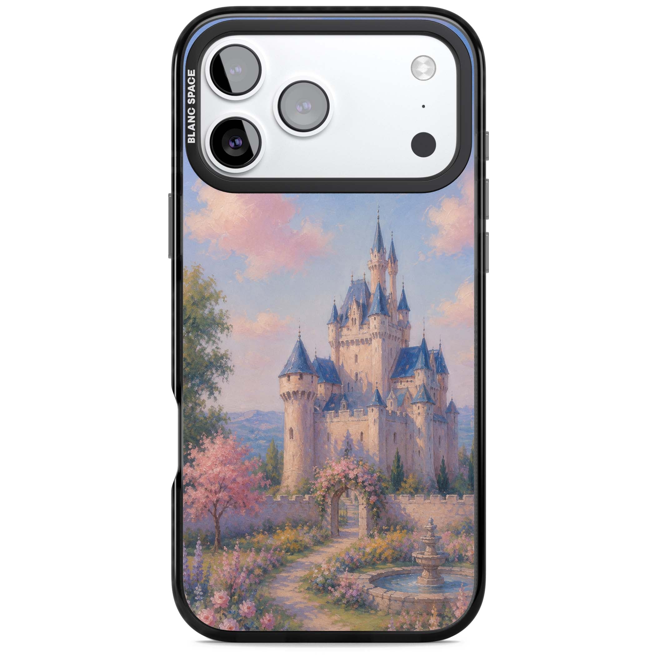 Enchanted Kingdom fairytale iPhone case featuring a romantic castle painting with cherry blossoms and pastel pink sky | Black Impact Magsafe case for iPhone 17 Pro, iPhone 17 Pro Max