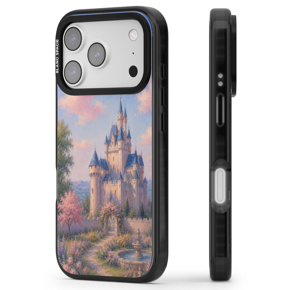 Enchanted Kingdom fairytale iPhone case featuring a romantic castle painting with cherry blossoms and pastel pink sky | Black Impact Magsafe case for iPhone 17 Pro, iPhone 17 Pro Max