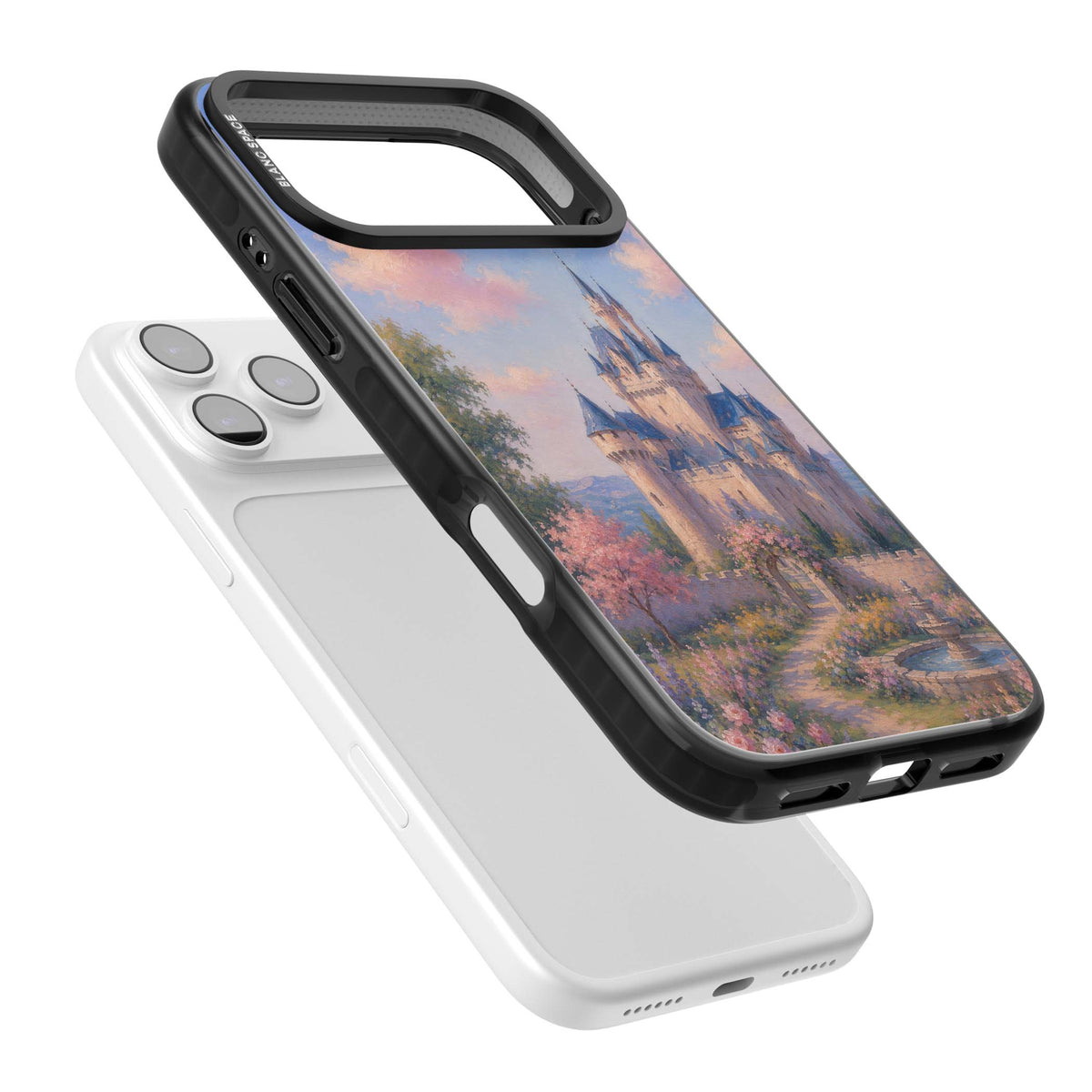 Enchanted Kingdom fairytale iPhone case featuring a romantic castle painting with cherry blossoms and pastel pink sky | Black Impact Magsafe case for iPhone 17 Pro, iPhone 17 Pro Max