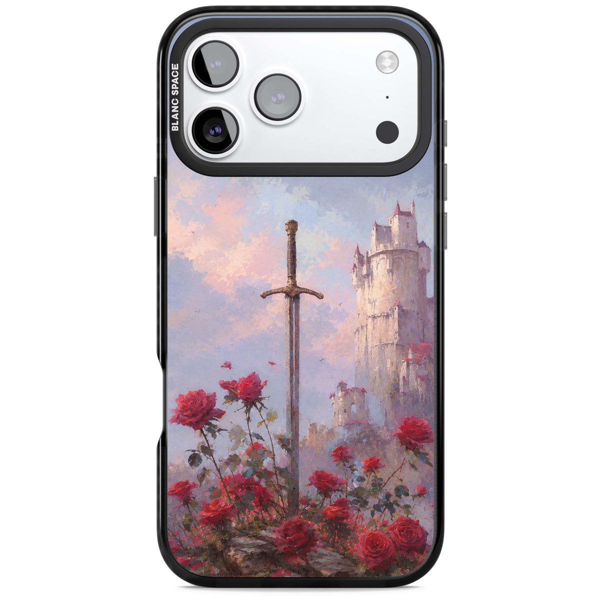 Sword in Roses medieval art iPhone case featuring a sword, red roses, and a misty fairytale castle at sunset | Black Impact Magsafe case for iPhone 17 Pro, iPhone 17 Pro Max