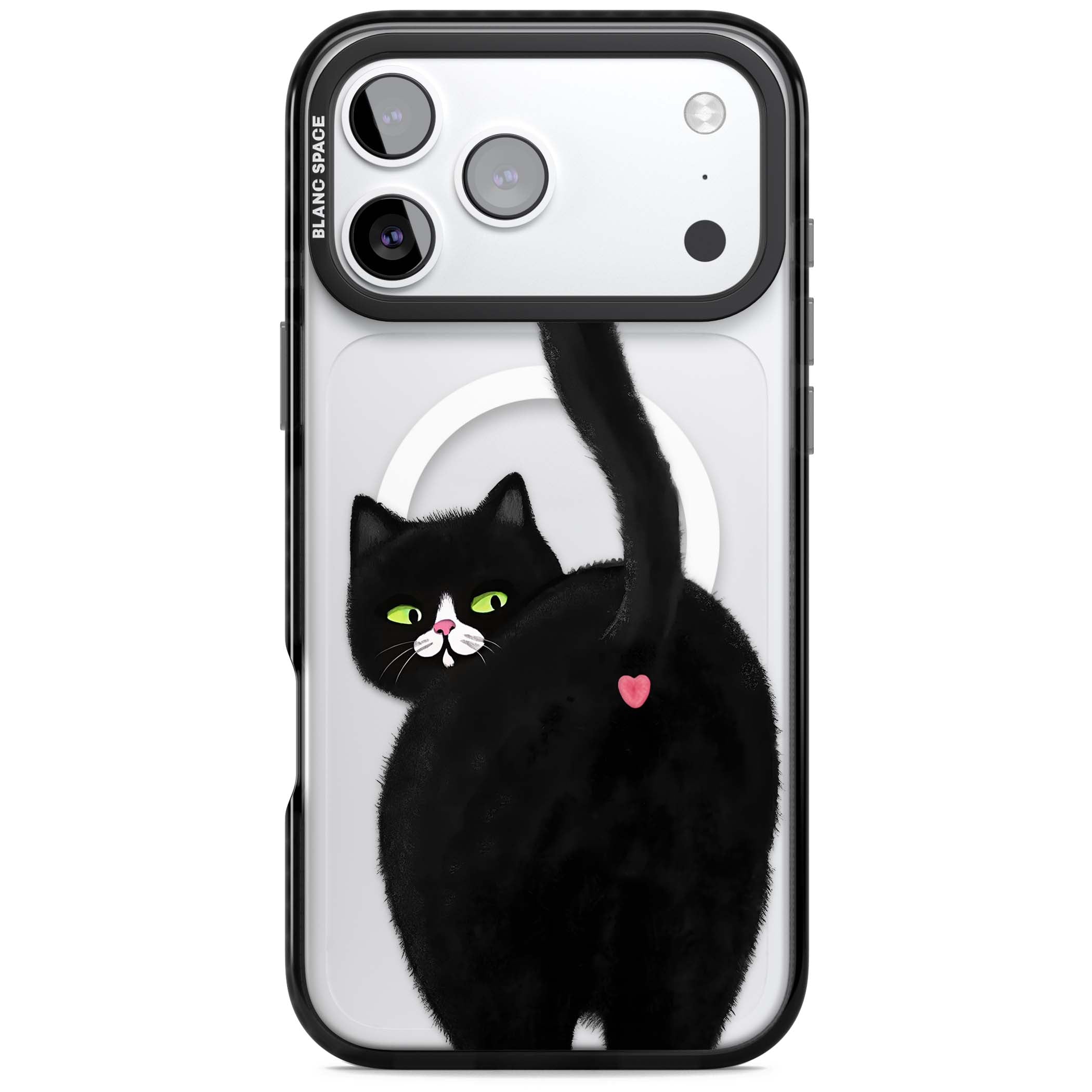 The Cat's Kiss cute cat iPhone case featuring a hand-painted tuxedo kitty with green eyes and a pink heart on a clear  | Black Impact Magsafe case for iPhone 17 Pro, iPhone 17 Pro Max