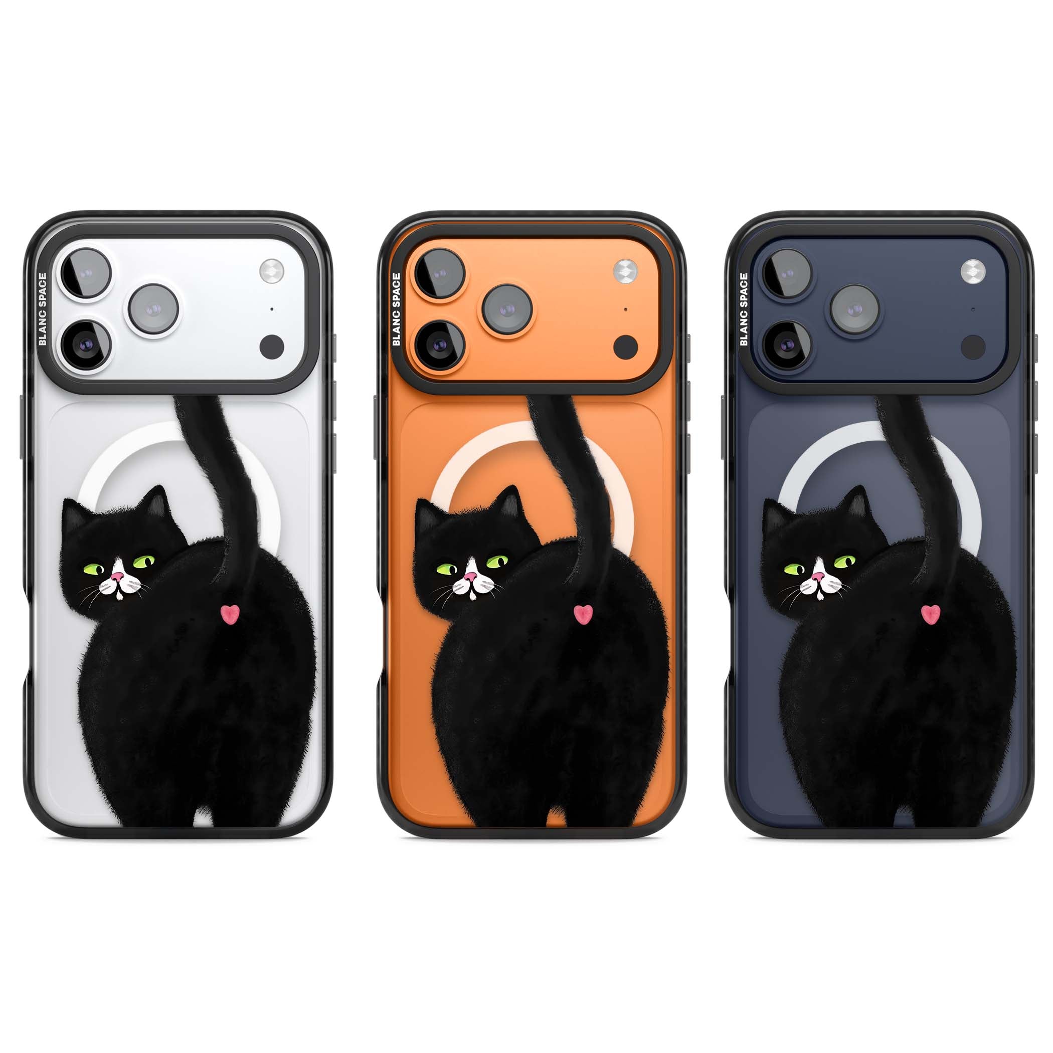 The Cat's Kiss cute cat iPhone case featuring a hand-painted tuxedo kitty with green eyes and a pink heart on a clear  | Black Impact Magsafe case for iPhone 17 Pro, iPhone 17 Pro Max