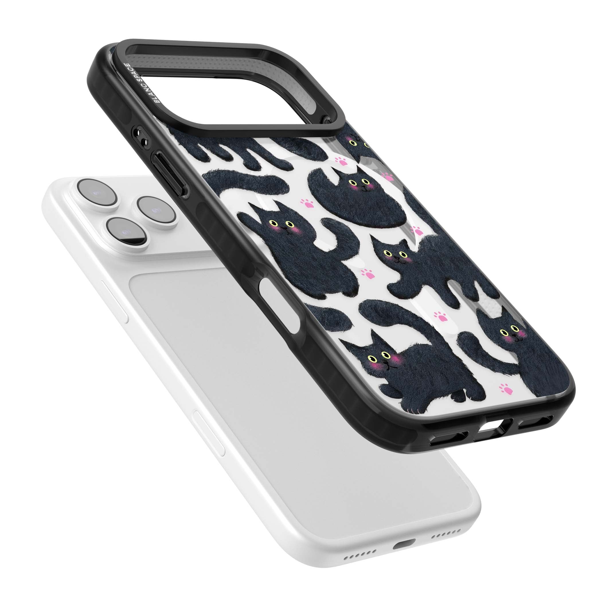 Midnight Cats cute iPhone case featuring black cat pattern with yellow eyes and pink paw prints | Black Impact Magsafe case for iPhone 17 Pro, iPhone 17 Pro Max