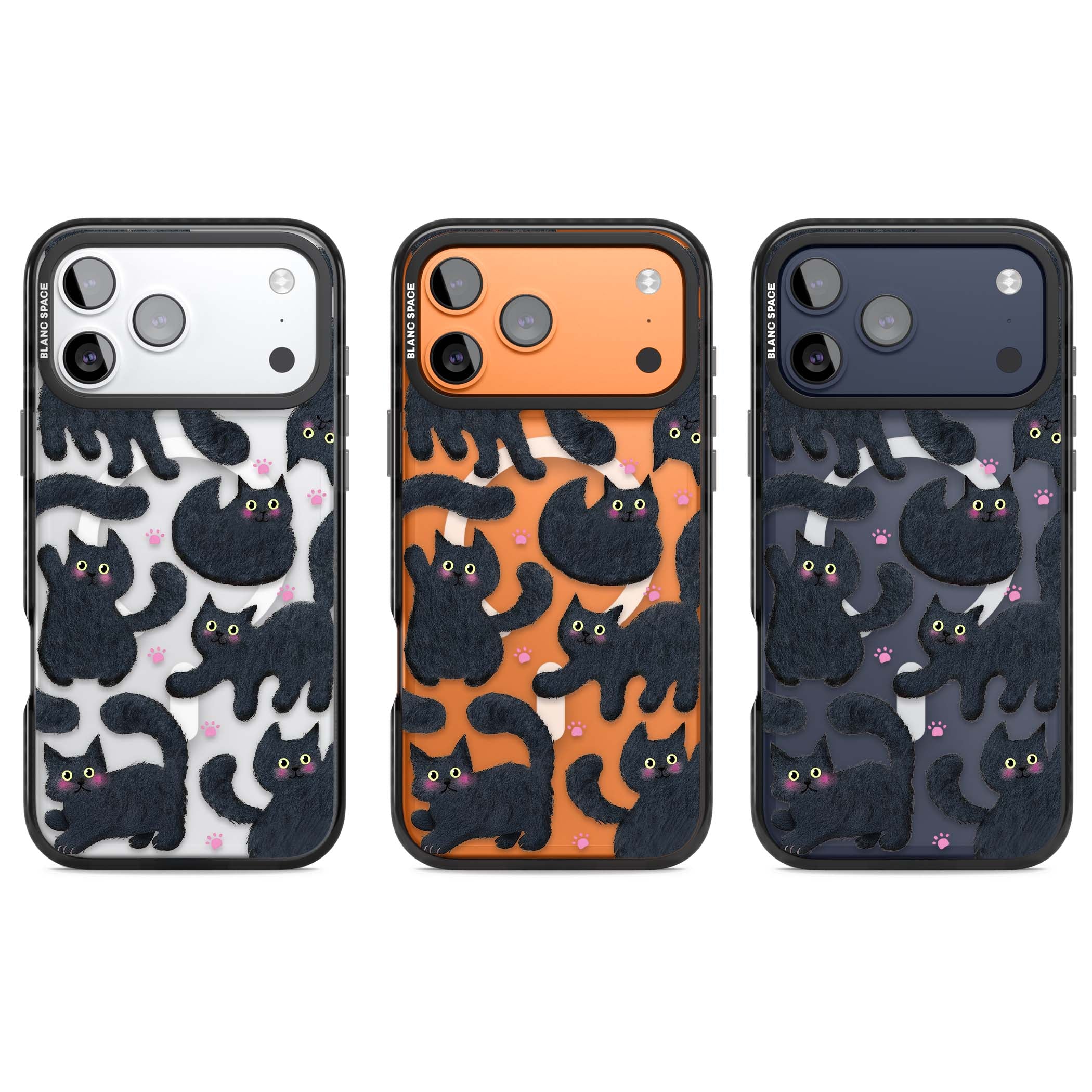 Midnight Cats cute iPhone case featuring black cat pattern with yellow eyes and pink paw prints | Black Impact Magsafe case for iPhone 17 Pro, iPhone 17 Pro Max
