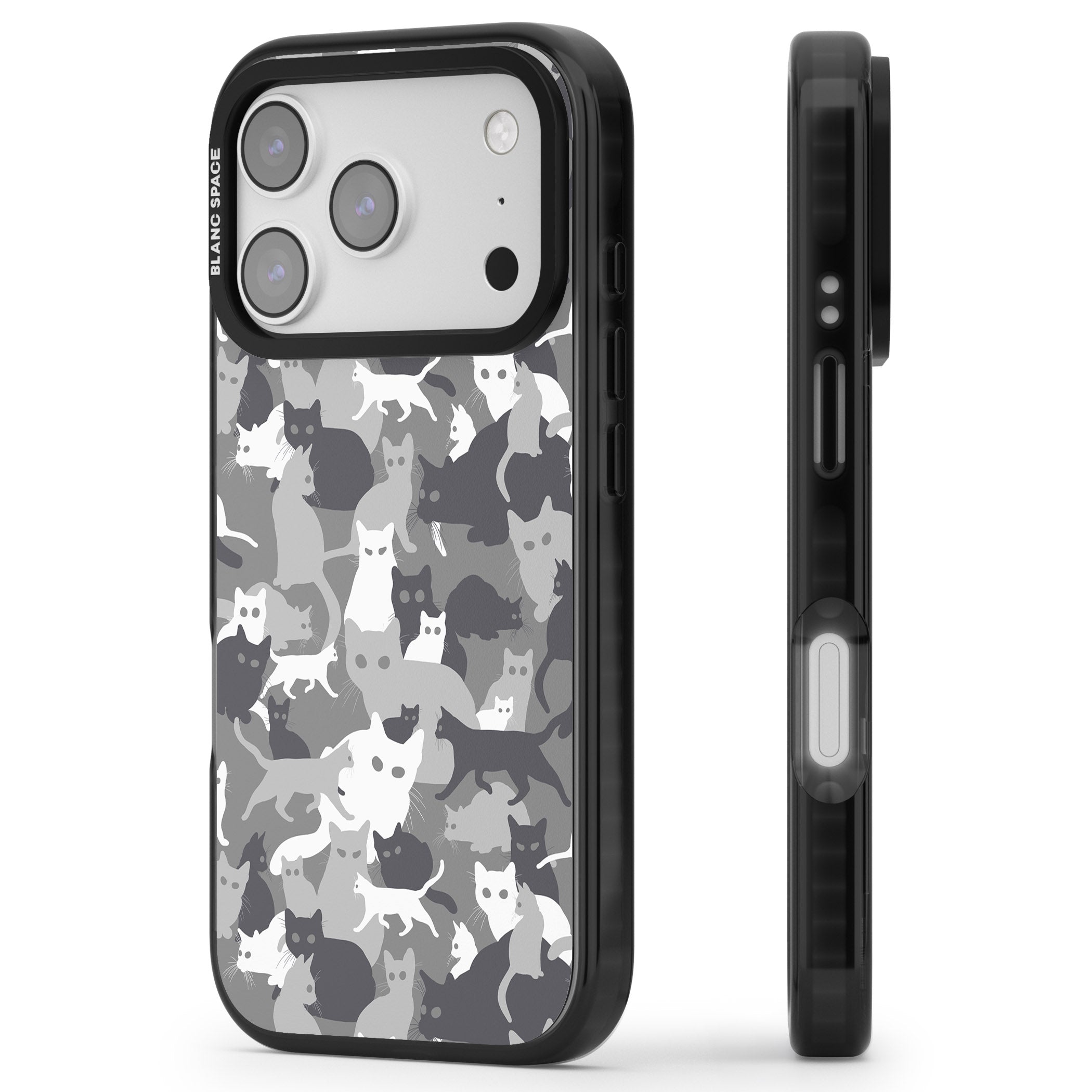 Dark Grey Cat Camouflage iPhone 17 Pro Impact Pro Black Phone Case Side Profile