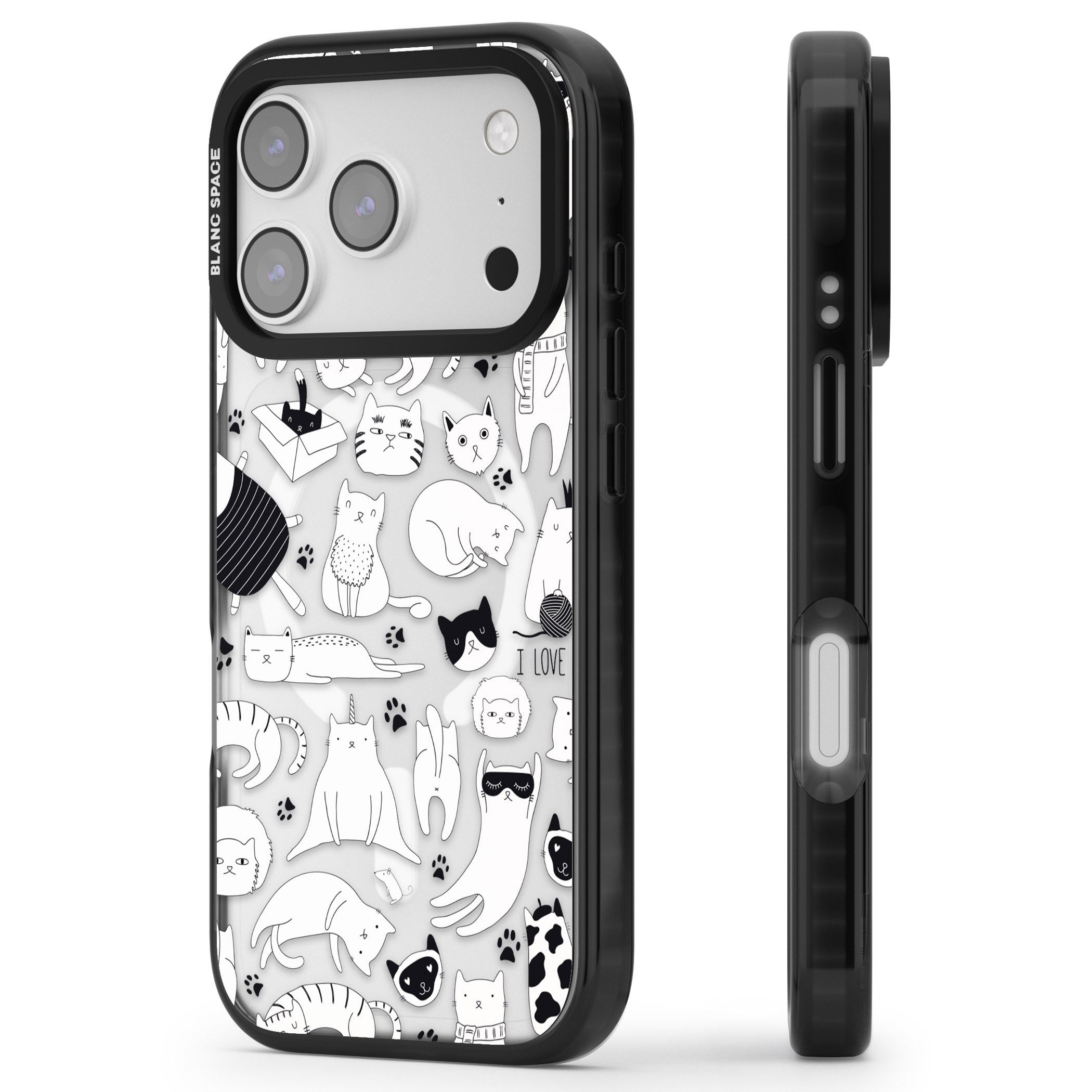 Cartoon Cat Collage Black & White iPhone 17 Pro Impact Pro Black Phone Case Side Profile