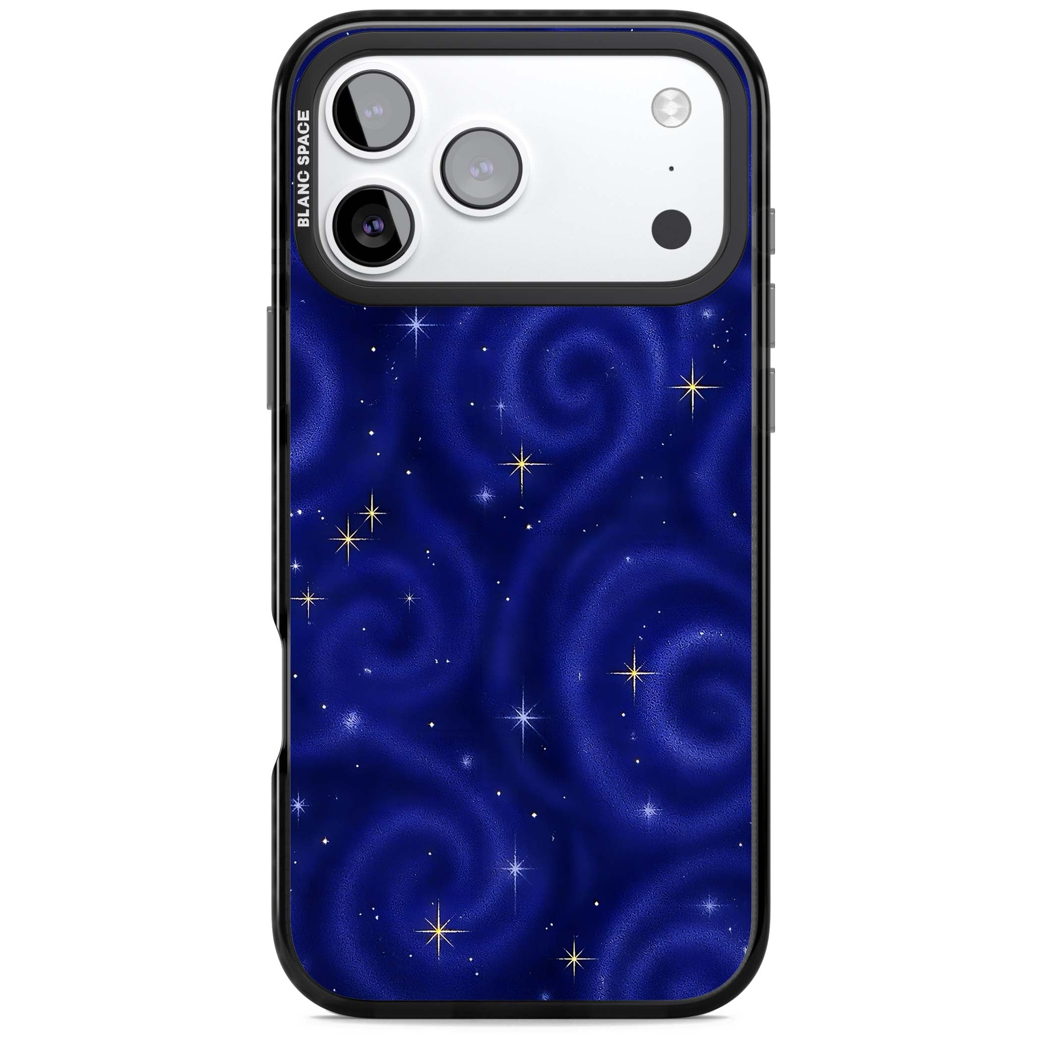 Indigo Cosmos celestial iPhone case featuring swirling navy night sky and sparkling golden stars | Black Impact Magsafe case for iPhone 17 Pro, iPhone 17 Pro Max